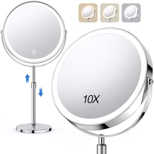 Pacoar Cade - Large Makeup Mirrror Height Lighted Mirror Double Sided /Magnifying Bathroom ° Rotation Ring Color Lights - Chrome