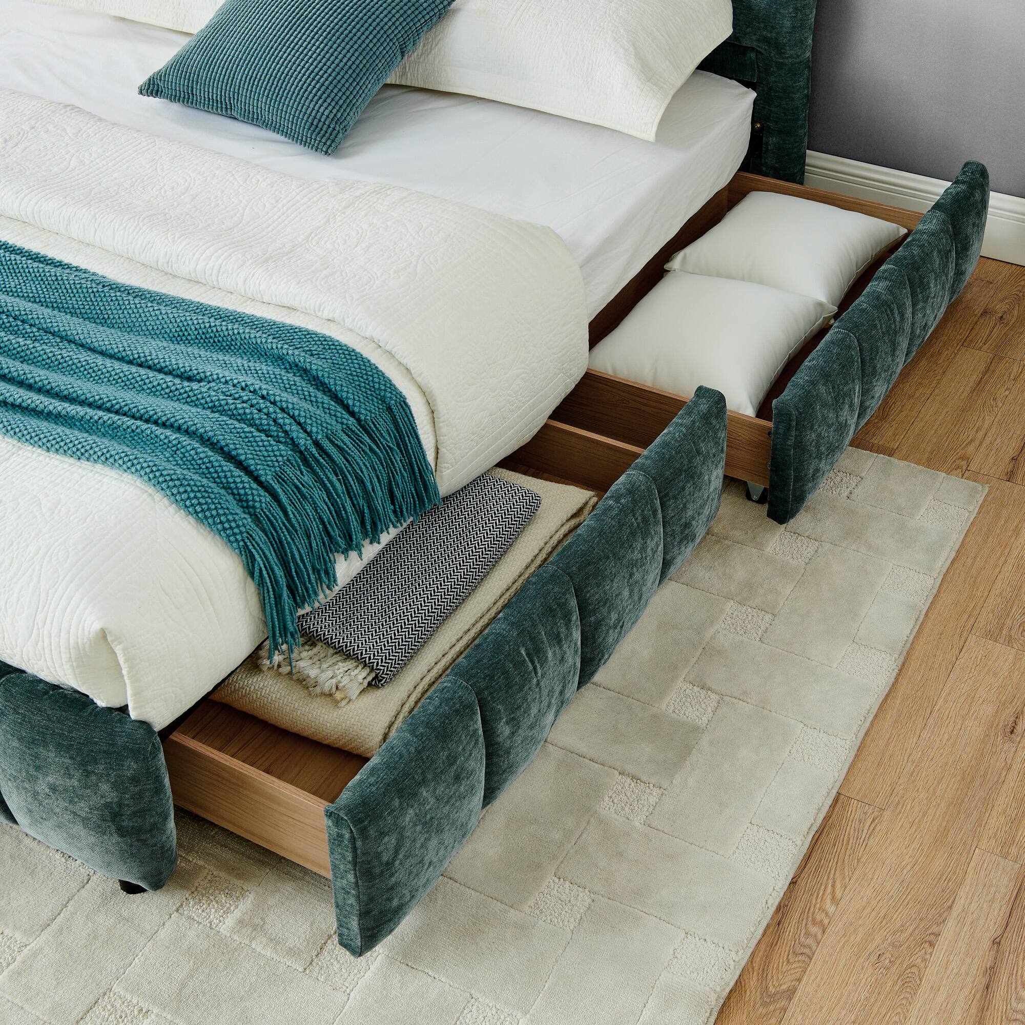Angle. Anysun - King Chenille Upholstered Bed Frame with Headboard - Solid Construction & Storage Drawer. - Blue.
