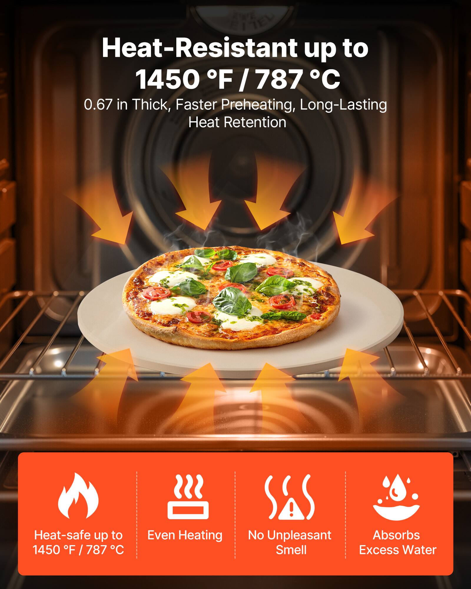 Heat-Resistant up to 1450 °F / 787 °C  
0.67 in Thick, Faster Preheating, Long-Lasting Heat Retention  

Heat-safe up to 1450 °F / 787 °C  
Even Heating  
No Unpleasant Smell  
Absorbs Excess Water