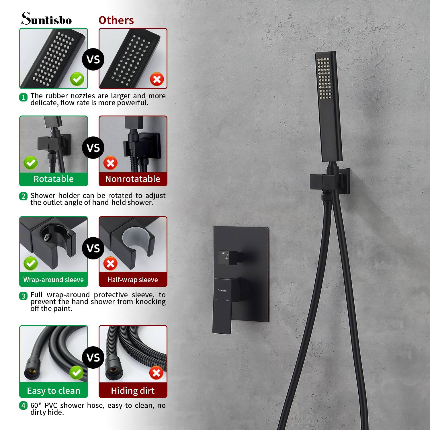 1. The rubber nozzles are larger and more delicate, flow rate is more powerful.

2. Rotatable vs Nonrotatable: Shower holder can be rotated to adjust the outlet angle of hand-held shower.

3. Wrap-around sleeve vs Half-wrap sleeve: Full wrap-around protective sleeve, to prevent the hand shower from knocking off the paint.

4. Easy to clean vs Hiding dirt: 60" PVC shower hose, easy to clean, no dirty hide.