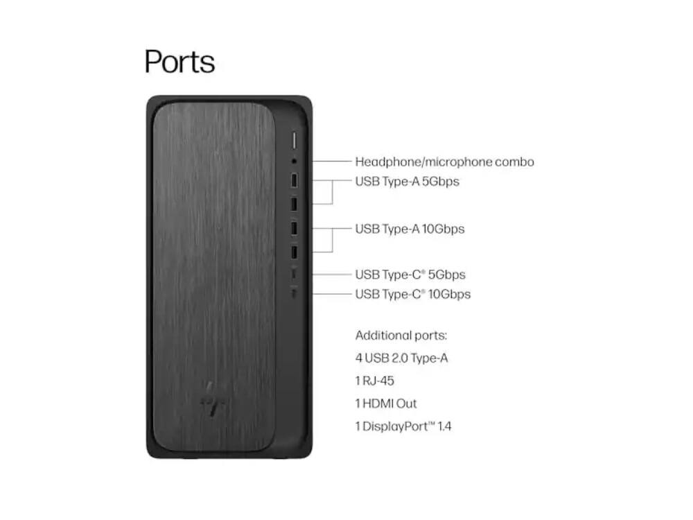 Ports

Headphone/microphone combo

USB Type-A 5Gbps

USB Type-A 10Gbps

USB Type-C 5Gbps

USB Type-C 10Gbps

Additional ports:

4 USB 2.0 Type-A

1 RJ-45

1 HDMI Out

1 DisplayPort 1.4