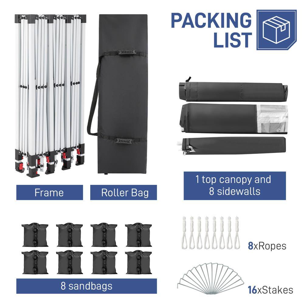 Packing List

- Frame Roller Bag
- 1 top canopy and 8 sidewalls
- 8 ropes
- 8 sandbags
- 16 stakes