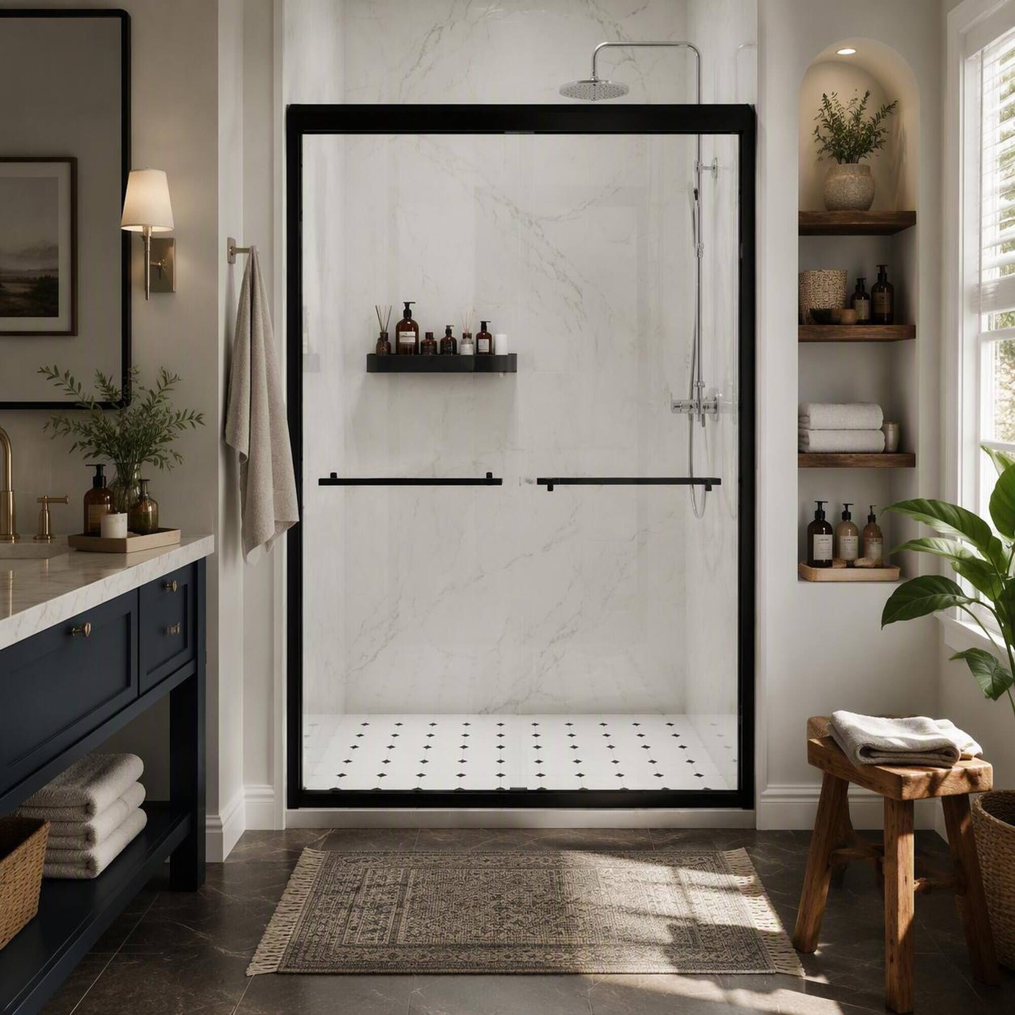 Left. RYHNUYNE - 44-48" X 76" Aluminum Frame Double Sliding Shower Door With 1/4" Clear Tempered Glass, Matte Black Hardware - Matt Black.