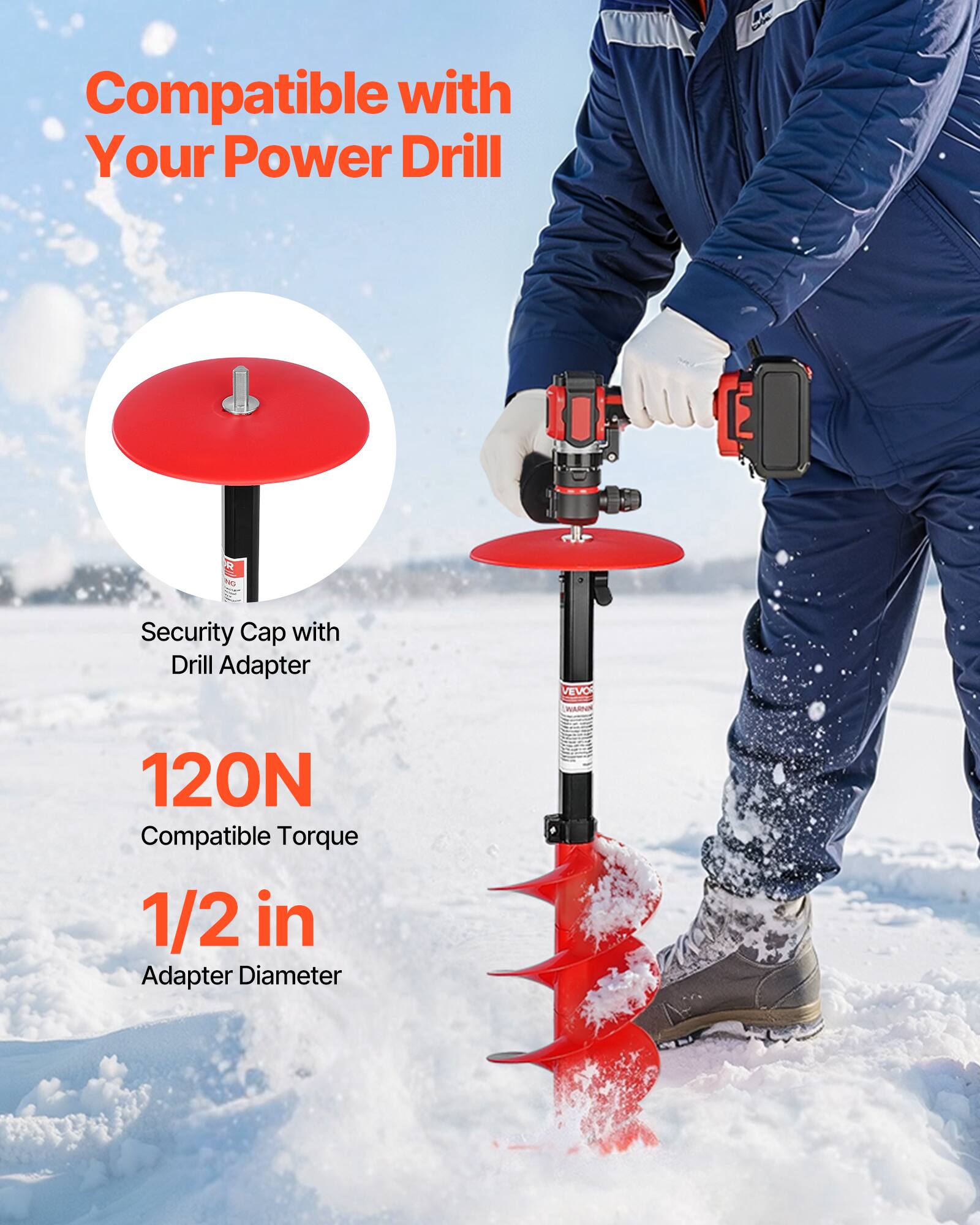 VEVOR Ice Auger Drill Bit, 8in Diameter 39in Length, Cordless