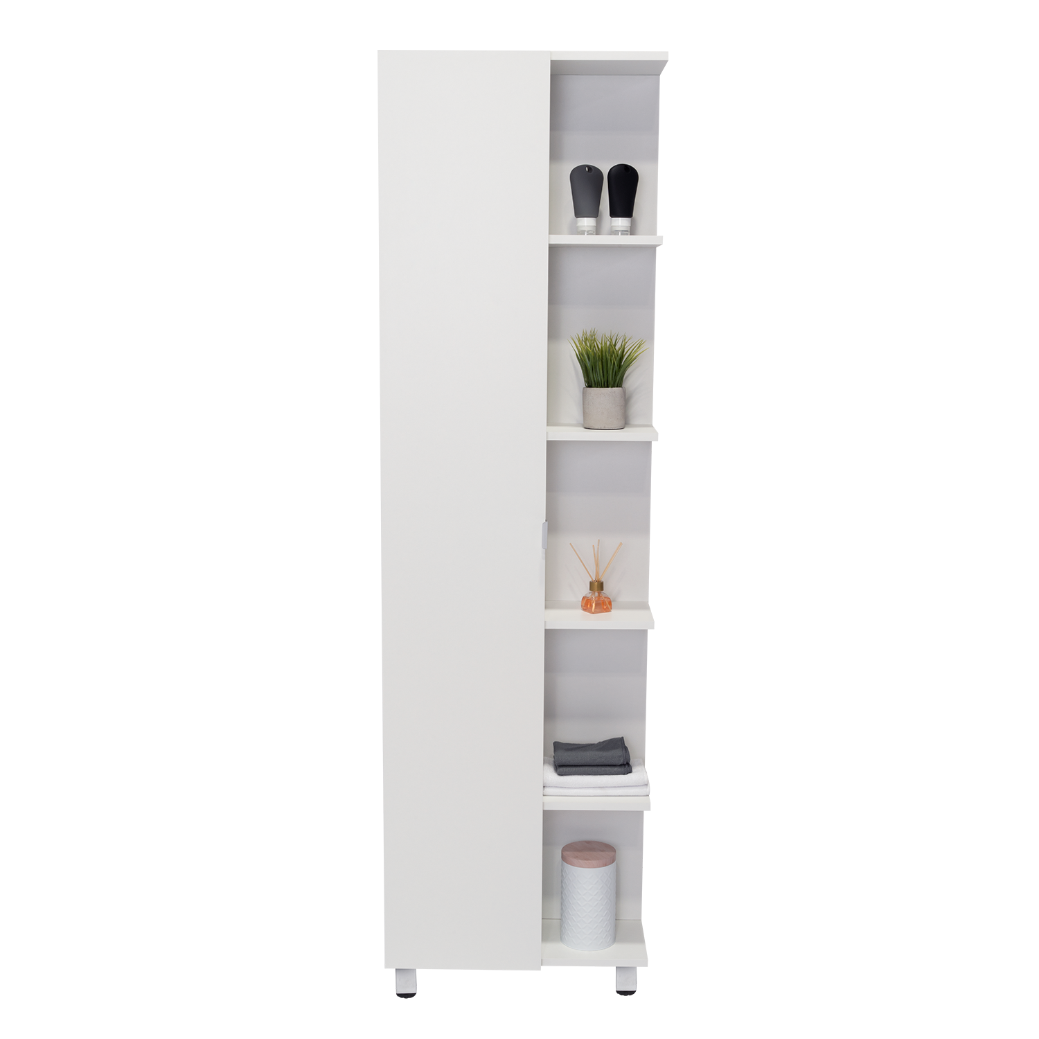 Left. TinyHomie - Corner Cabinet Womppi Five Open Shelves Single Door White Finish - White.