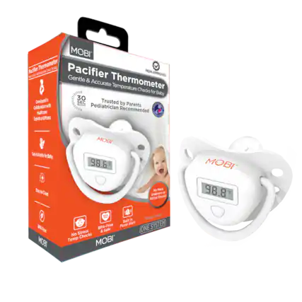 MOBI Pacifier Thermometer - Gentle & Accurate Temperature Checks for Baby
- Developed in Collaboration with Pediatrician Healthcare Experts and Moms
- Trusted by Parents
- Safe & Gentle for Baby
- Easy to Clean
- BPA-Free & Safe
- No Stress Temp Checks
- Built-in Fever Alert System
- ONE SYSTEM
MOBI 98.6°F
MOBI 98.8°F
No More Underarm or Rectal Checks!
MOBI Package Includes
