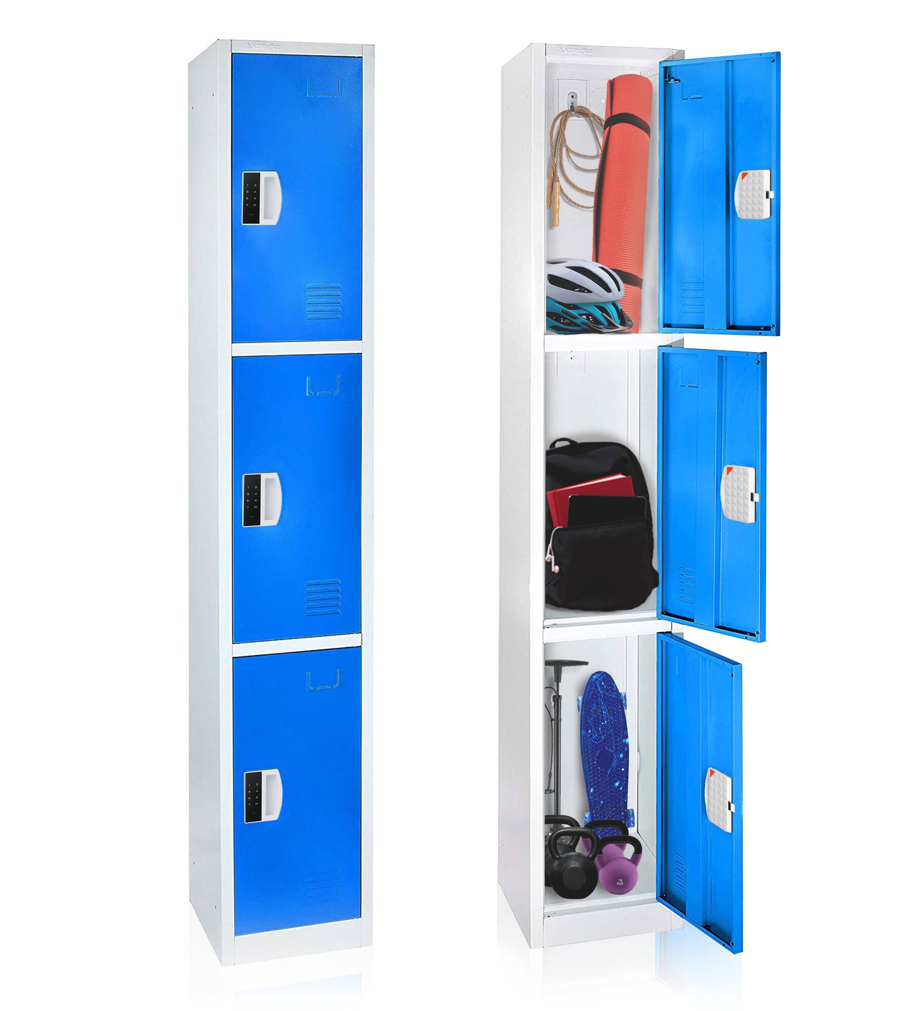 The text on the image is not clearly visible, but based on the context, it appears to be related to a product description or advertisement for a locker unit. Here is a possible grouping and correction of the text:

---

**Product Name:**
- Locker Unit

**Features:**
- 4 compartments
- Blue doors
- White frame
- Lockable doors
- Ventilation slots
- Durable construction

**Contents:**
- Yoga mat
- Bicycle helmet
- Bags
- Skis
- Exercise equipment

**Brand:**
- [Brand Name] (if visible)

---

This is a general description based on the image. If there is specific text that needs to be corrected or grouped, please provide the exact text.