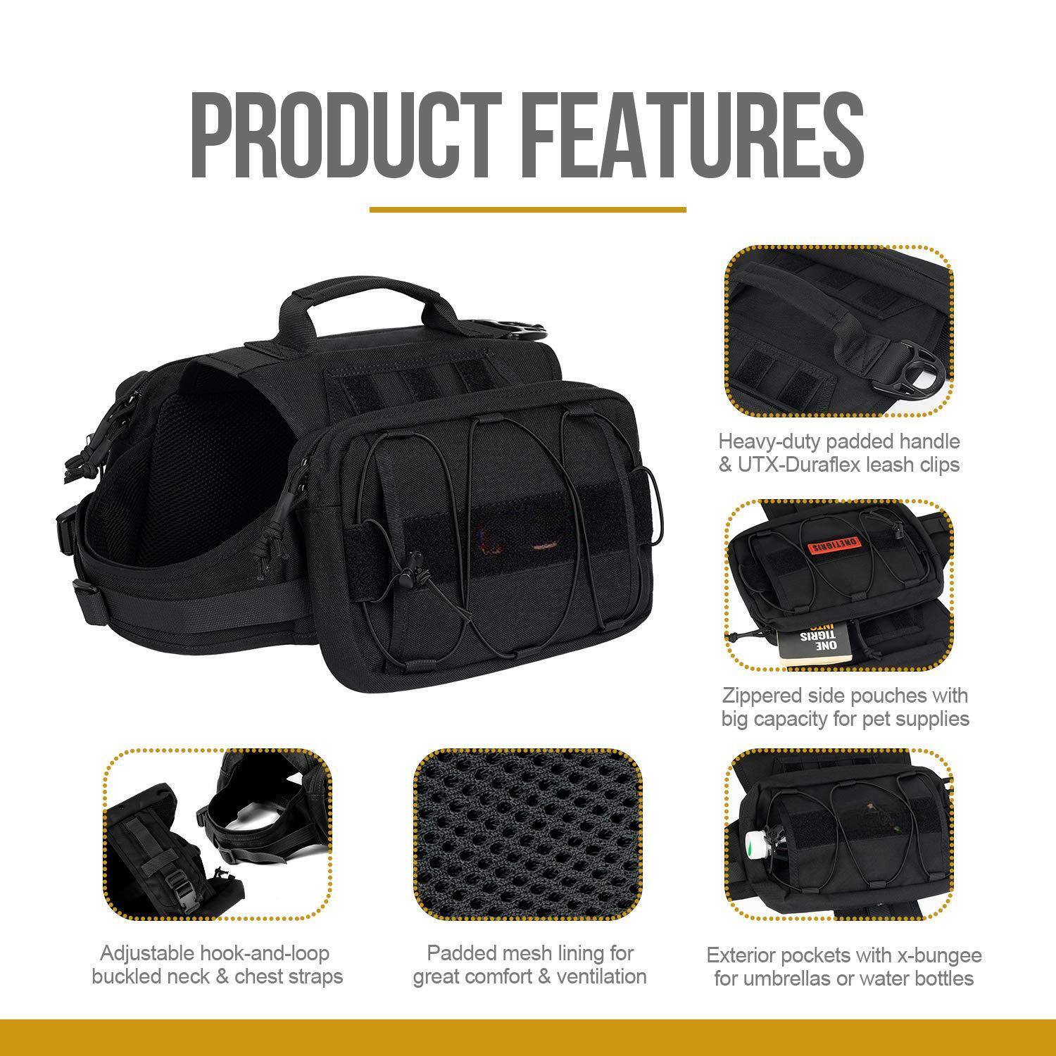 PRODUCT FEATURES

- Heavy-duty padded handle & UTX-Duraflex leash clips
- Adjustable hook-and-loop buckled neck & chest straps
- Padded mesh lining for great comfort & ventilation
- Zippered side pouches with big capacity for pet supplies
- Exterior pockets with x-bungee for umbrellas or water bottles