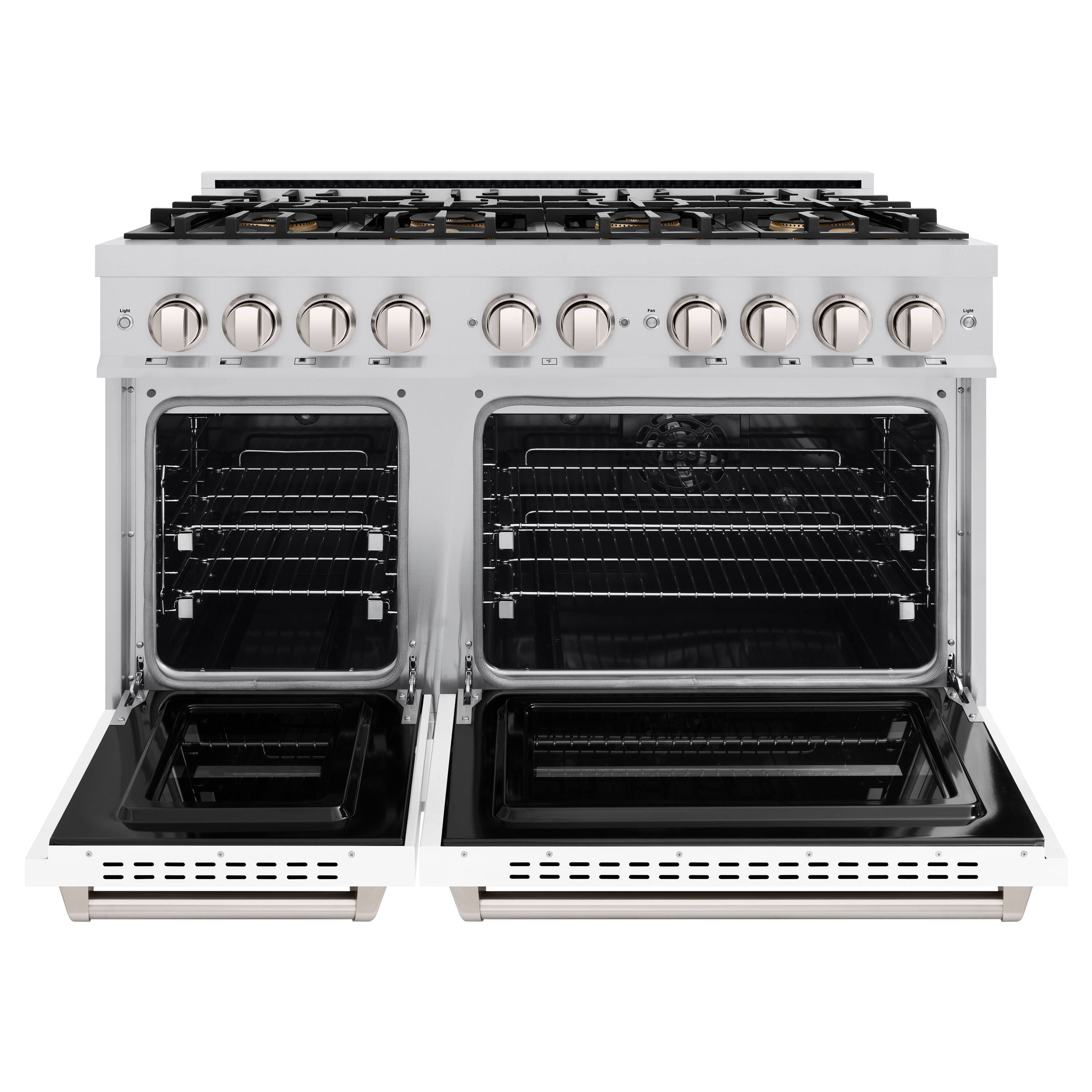 Angle. ZLINE - 48 in. 6.7 cu. ft. Classic Freestanding Dual Fuel Range with 8 DuoPro Burners and Dual Ovens with White Matte Doors - White Matte.