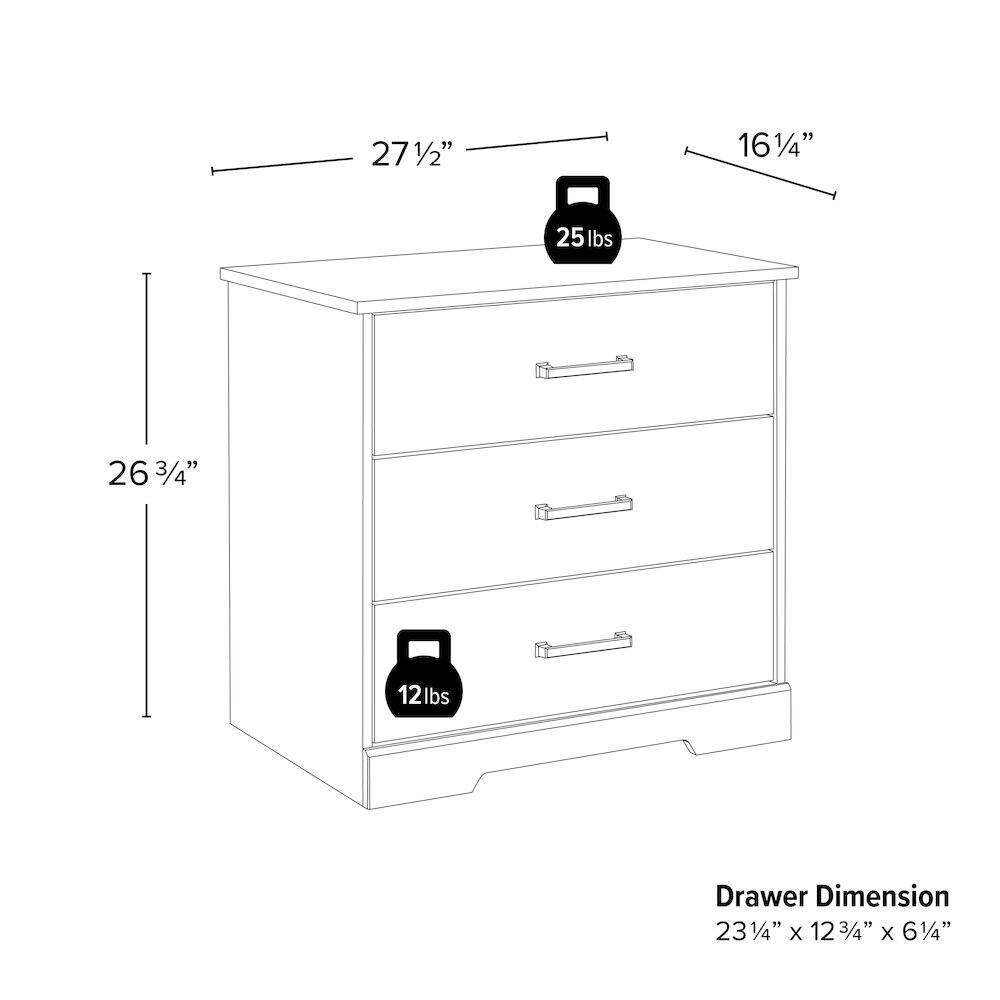 27 1/2" x 16 1/4" x 26 3/4"  
25 lbs (top surface weight capacity)  
12 lbs (drawer weight capacity)  
Drawer Dimension: 23 1/4" x 12 3/4" x 6 1/4"