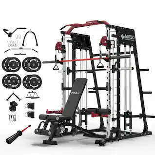 Mikolo - Smith Machine with Aluminum Pulley, 2200 lbs Power Rack Cage with Cable Crossover, Total Body Strength Training Cage - Red