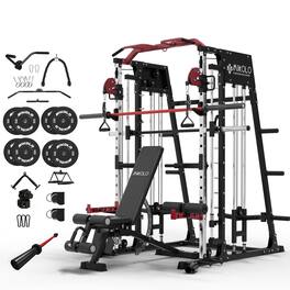 Mikolo - Smith Machine with Aluminum Pulley, 2200 lbs Power Rack Cage with Cable Crossover, Total Body Strength Training Cage - Red