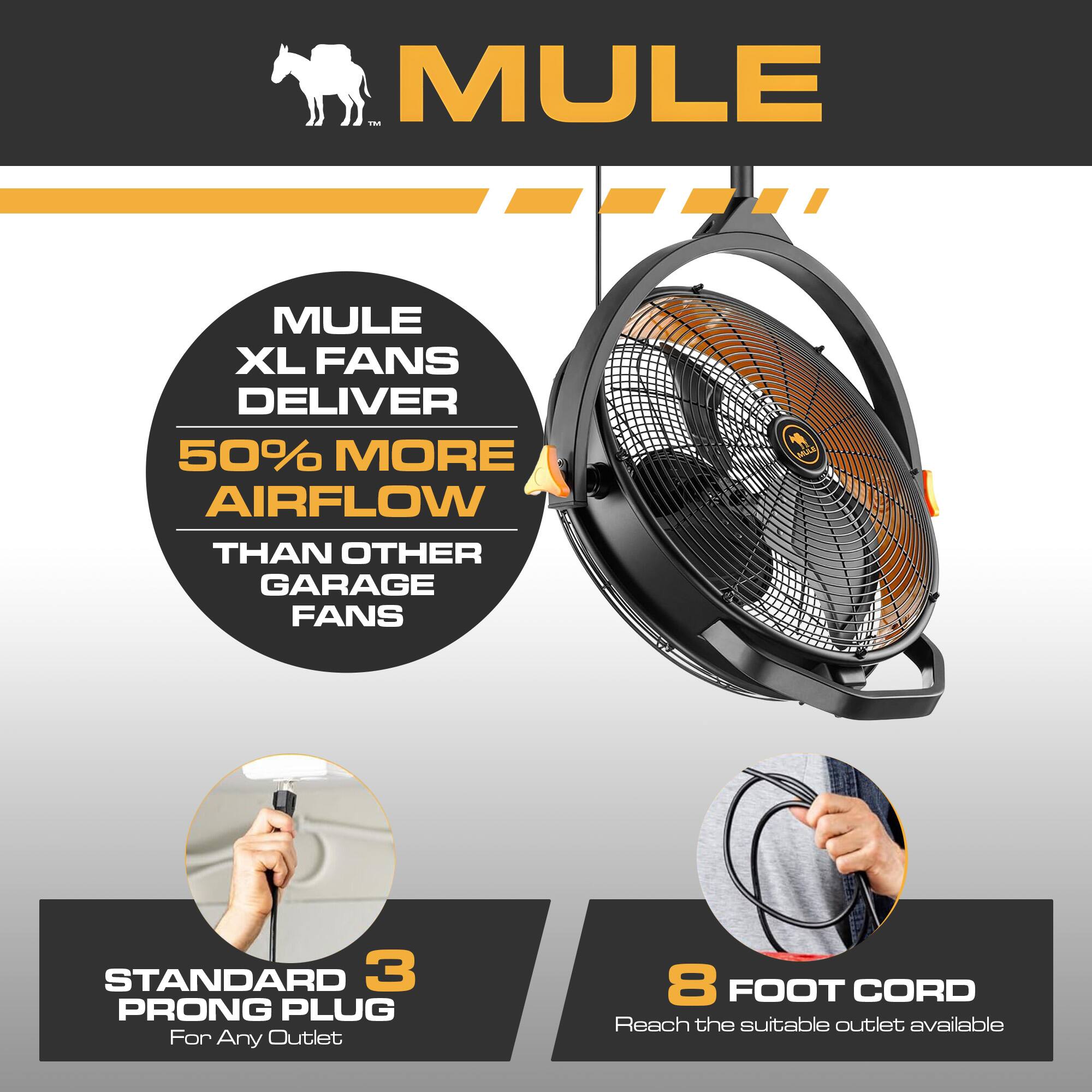 MULE XL FANS DELIVER 50% MORE AIRFLOW THAN OTHER GARAGE FANS  
STANDARD 3 PRONG PLUG For Any Outlet  
8 FOOT CORD Reach the suitable outlet available