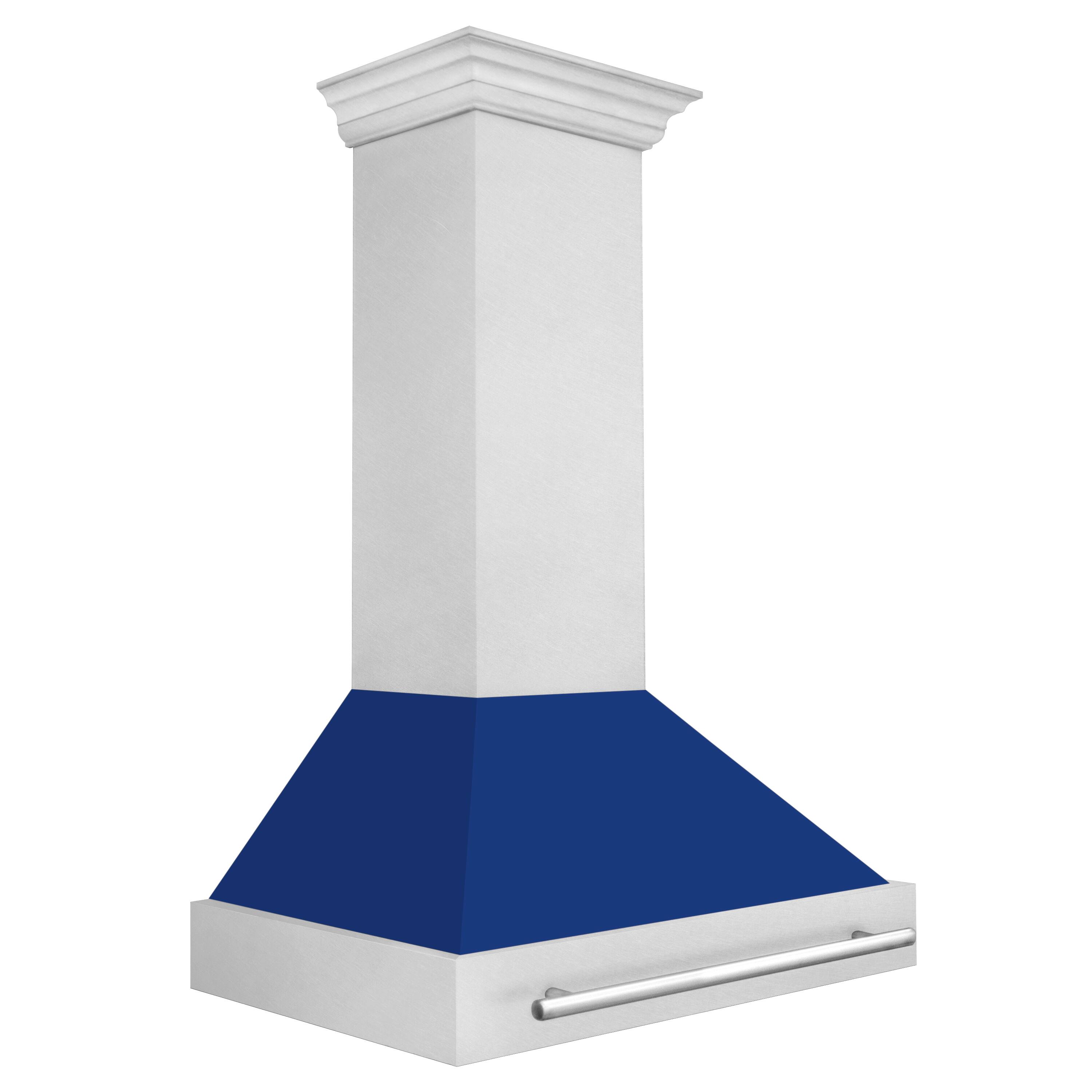Angle. ZLINE - ZLINE 48 in. Ducted Satin Stainless Steel Wall Mount Range Hood with Blue Gloss Shell - Silver.