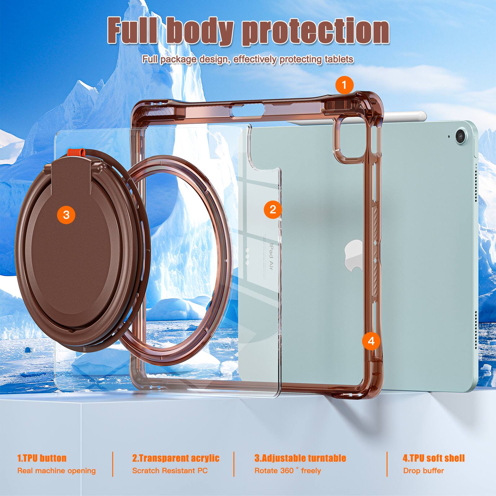 Full body protection  
Full package design, effectively protecting tablets  

1. TPU button  
Real machine opening  

2. Transparent acrylic  
Scratch Resistant PC  

3. Adjustable turntable  
Rotate 360° freely  

4. TPU soft shell  
Drop buffer