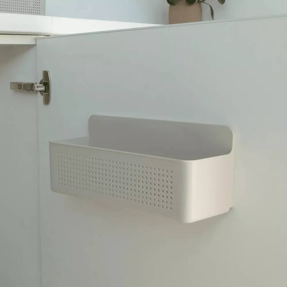 Back. OU - Wall-Mounted Storage Organizer, Easy-Install Hanging Cabinet Door Basket for Kitchen & Laundry - Beige.
