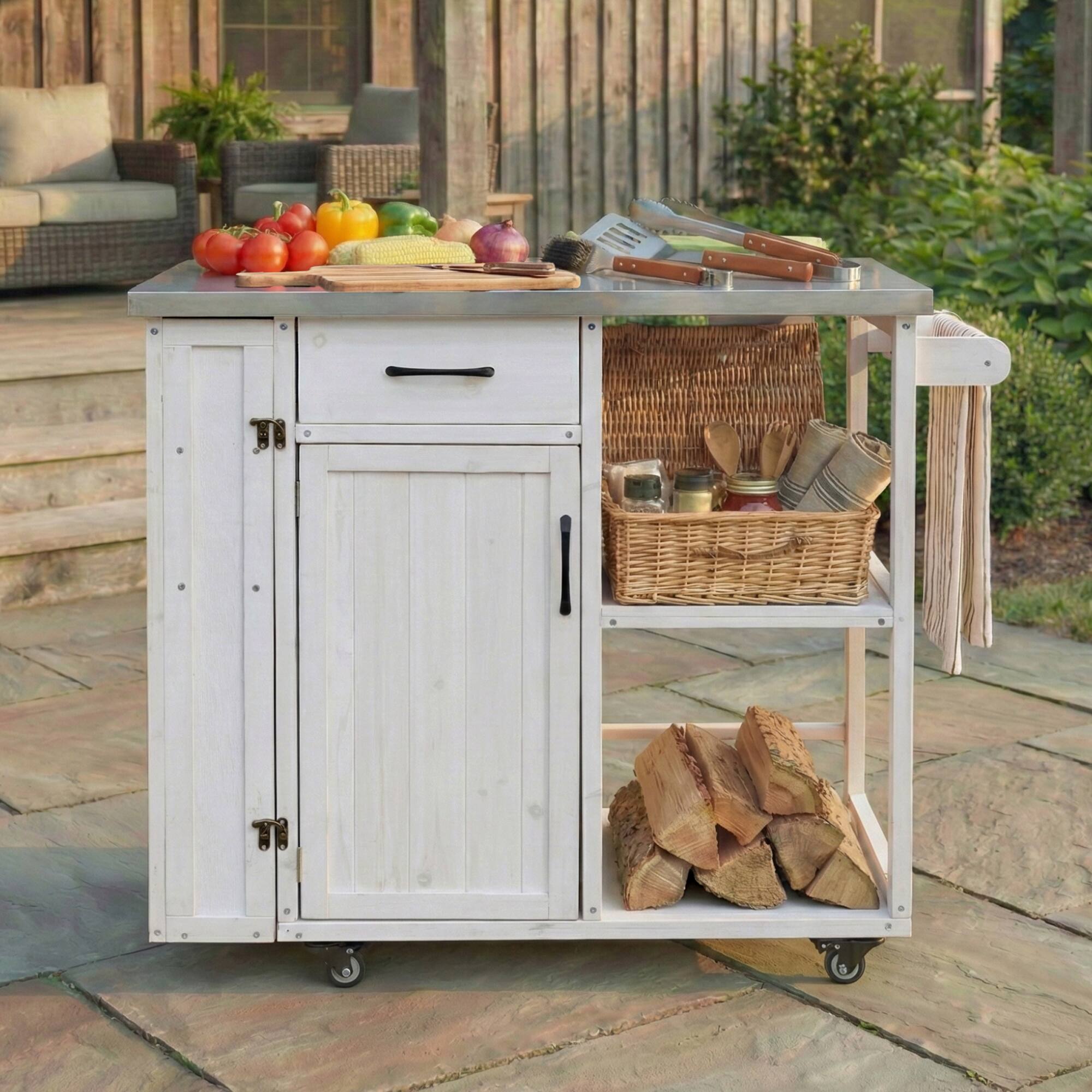 Back. Anysun - Fir Wood Outdoor Kitchen Island Cart with Stainless Top - Lockable, Ample Storage, Towel & Spice Racks for Patio..