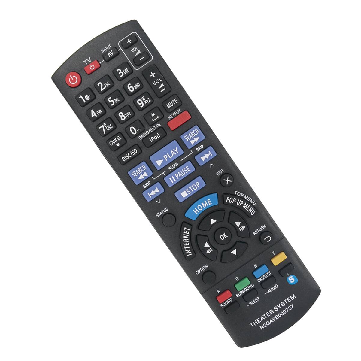 + INPUT AV VOL - TV C 3DEF DEF + 2Ac ABC 6 MNO VOL = 1e 5m IEL 9 MUTE 4 GHI 8Tw # NETFLIX I 76ks ORS 0., RADIO/EXT-IN CANCEL iPod SEARCH . SKIP DISC/SD PLAY SLOW ^ SEARCH PAUSE EXIT I x SKIP STOP TOP POP-UP MENU STATUS HOME MENU RETURN OK INTERNET Y B OPTION G CHSELECT S R SURROUND -AUDIO SOUND -SLEEP SYSTEM THEATER N2QAYB000727