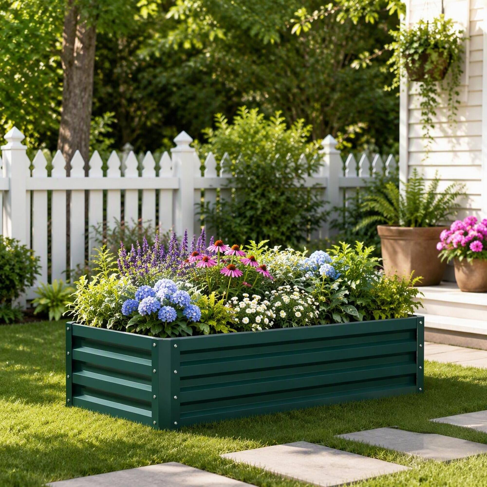 Back. RYHNUYNE - Outsunny 4x2x1 ft Galvanized Steel Raised Garden Bed Planter Box for Vegetables Flowers Herbs, Green Outdoor Metal - Green.