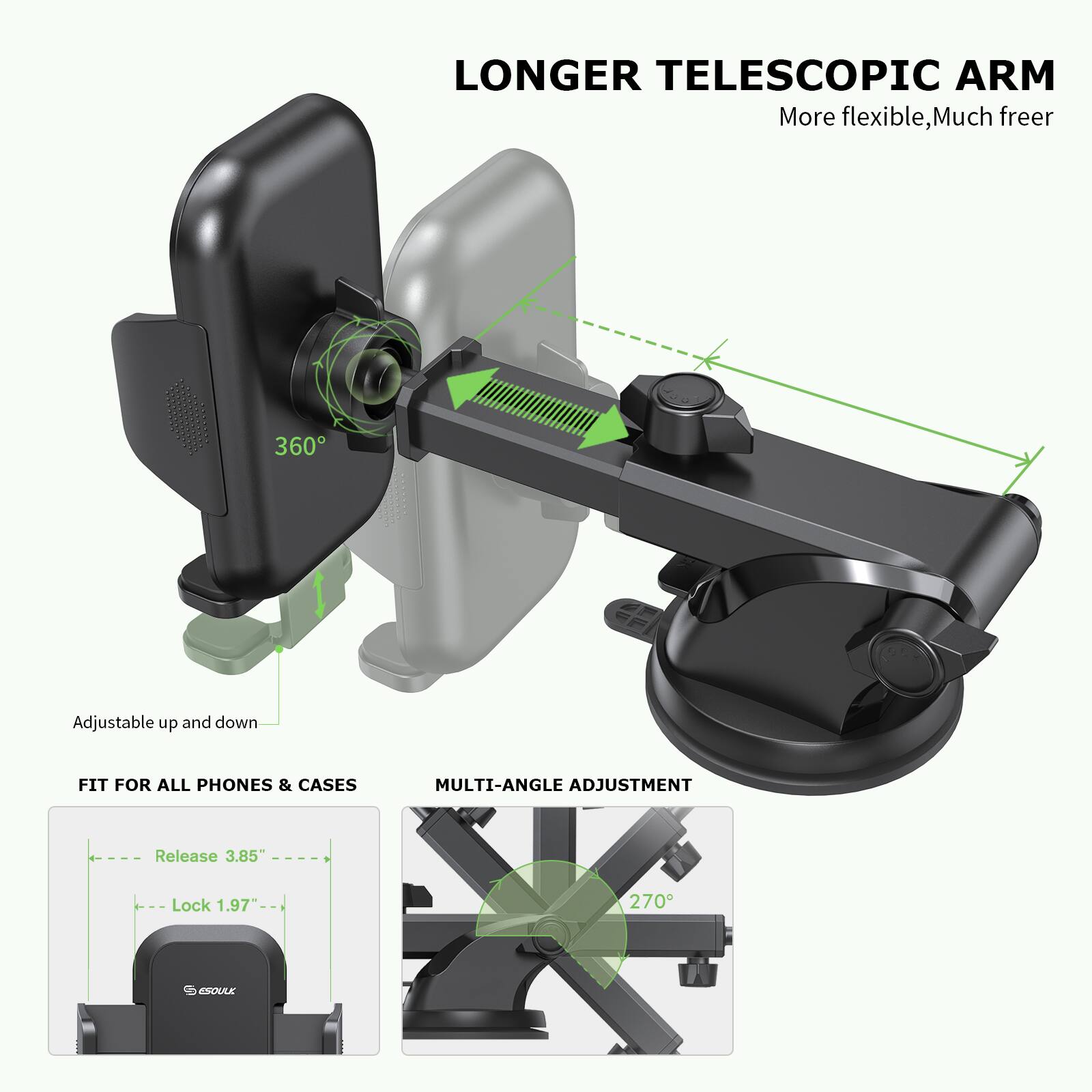 LONGER TELESCOPIC ARM, More flexible, Much freer, 360, Adjustable up and down, FIT FOR ALL PHONES & CASES, MULTI-ANGLE ADJUSTMENT, Release 3.85, Lock 1.97, 270
