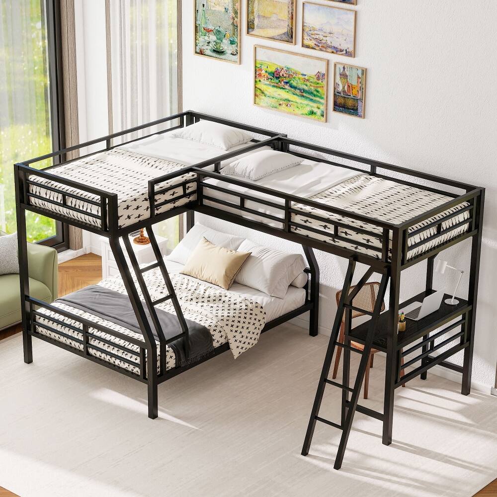 Angle. Loheer - Loheer Twin Over Full Bunk Bed with Desk Black Metal L-Shaped Triple Loft Bed - Black.