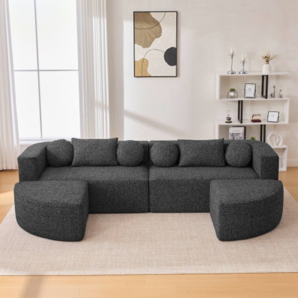Front. LUCKY ONE - 114.9" Boneless Modular Free-Combined Compression Sofa Bed w/ Curved Ends Deep Seating - Black.