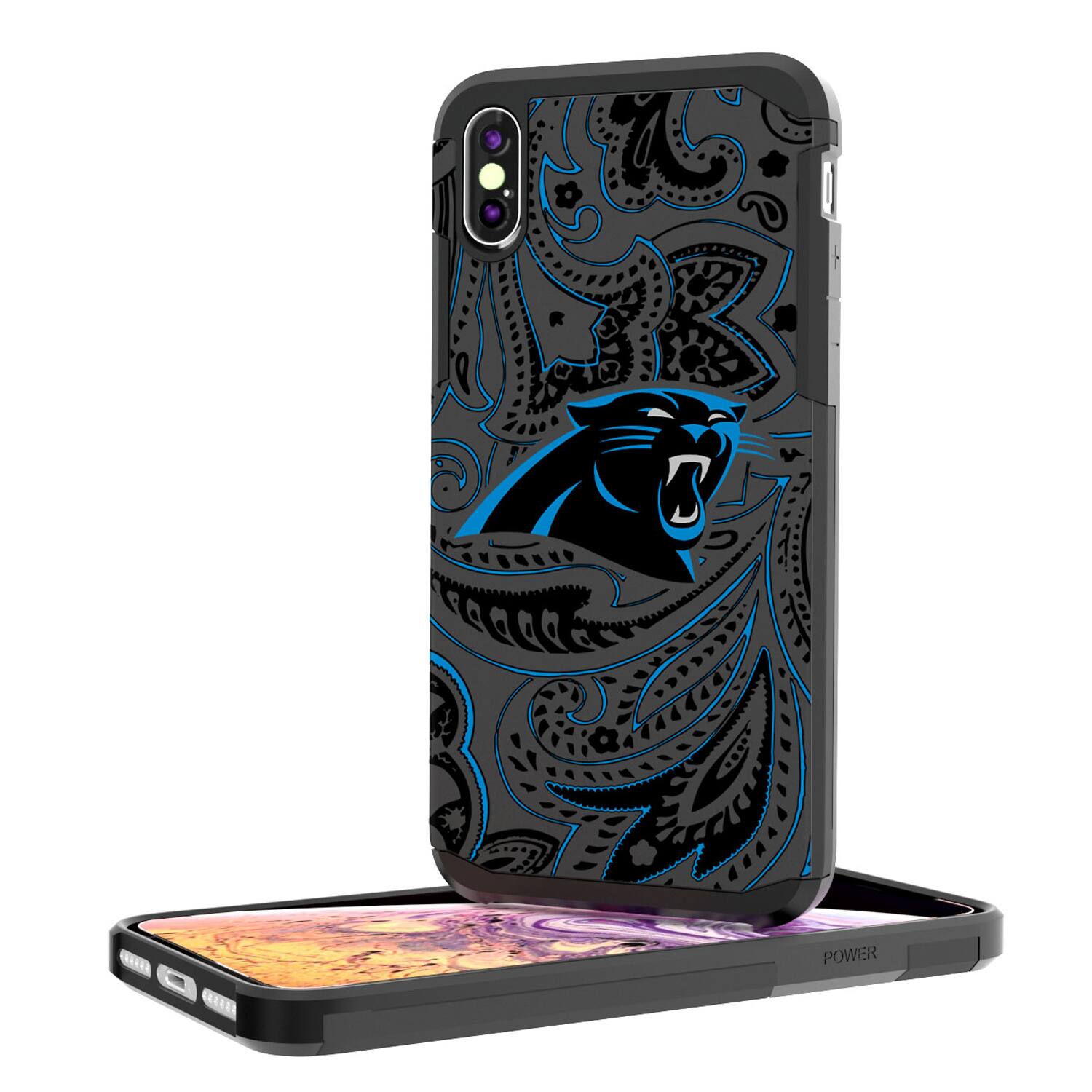 Alt View 1. Keyscaper - Carolina Panthers iPhone Rugged Paisley Design Case - 13 Pro - Multicolor.