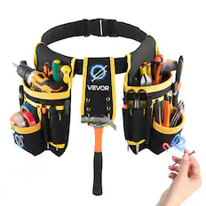 Front. VEVOR - Tool Belt, Magnetic Tool Pouch for Men, 28 Pockets Heavy Duty Adjustable Utility Belt Detachable Work Bag - Black with yellow border.