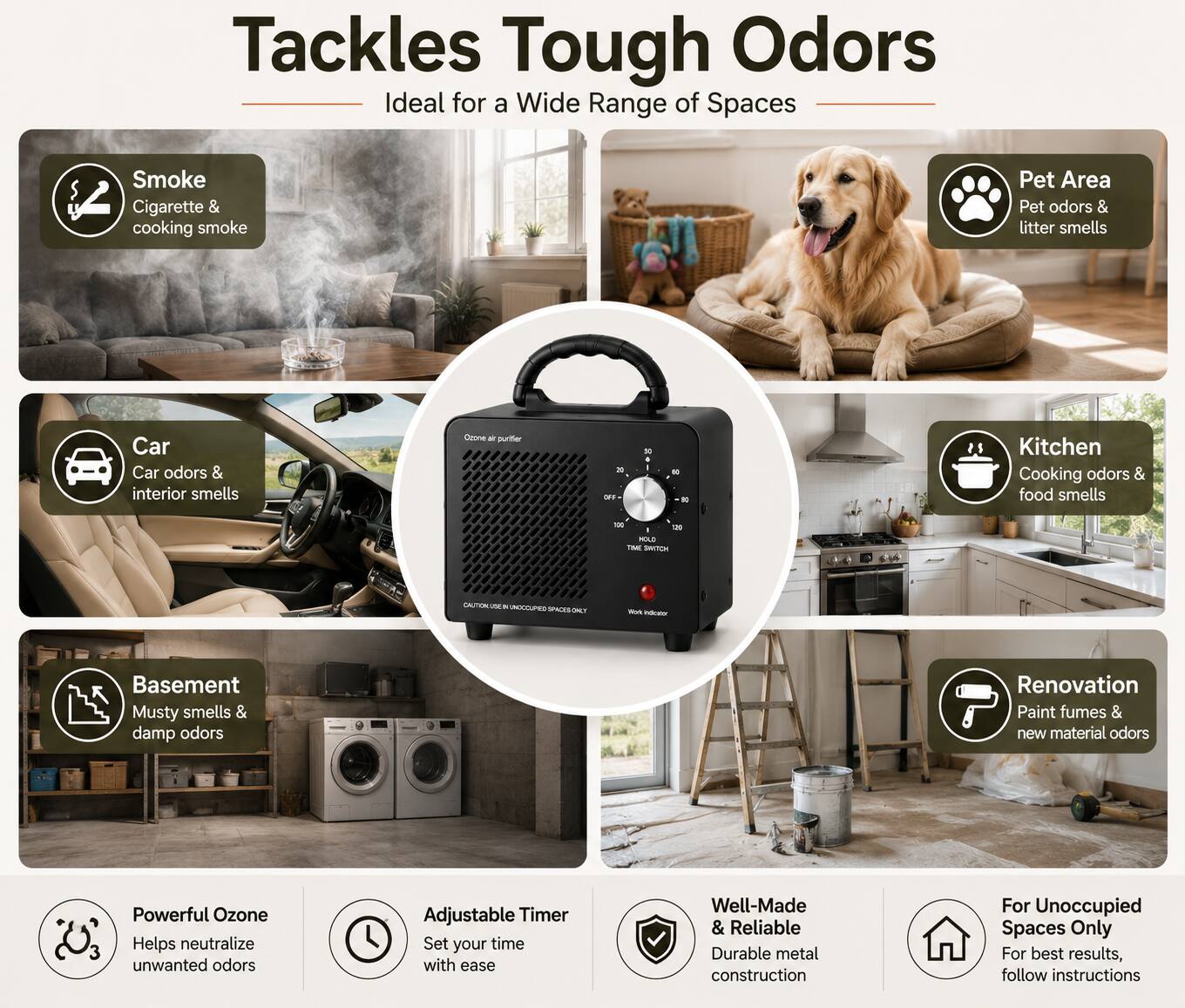 Tackles Tough Odors  
Ideal for a Wide Range of Spaces

Smoke  
Cigarette & cooking smoke

Pet Area  
Pet odors & litter smells

Car  
Car odors & interior smells

Ozone purifier

20% OFF

DO DG

Kitchen  
Cooking odors & food smells

oo 120 HOLD TIME SWITCH

CAUTION  
Oven - UNOCCUPIED SPACES ONLY  
WILL indicate

Basement  
Musty smells & damp odors

Renovation  
Paint fumes & new material odors

Powerful Ozone  
Helps neutralize unwanted odors

Adjustable Timer  
Set your time with ease

Well-Made & Reliable  
Durable metal construction

For Unoccupied Spaces Only  
For best results, follow instructions
