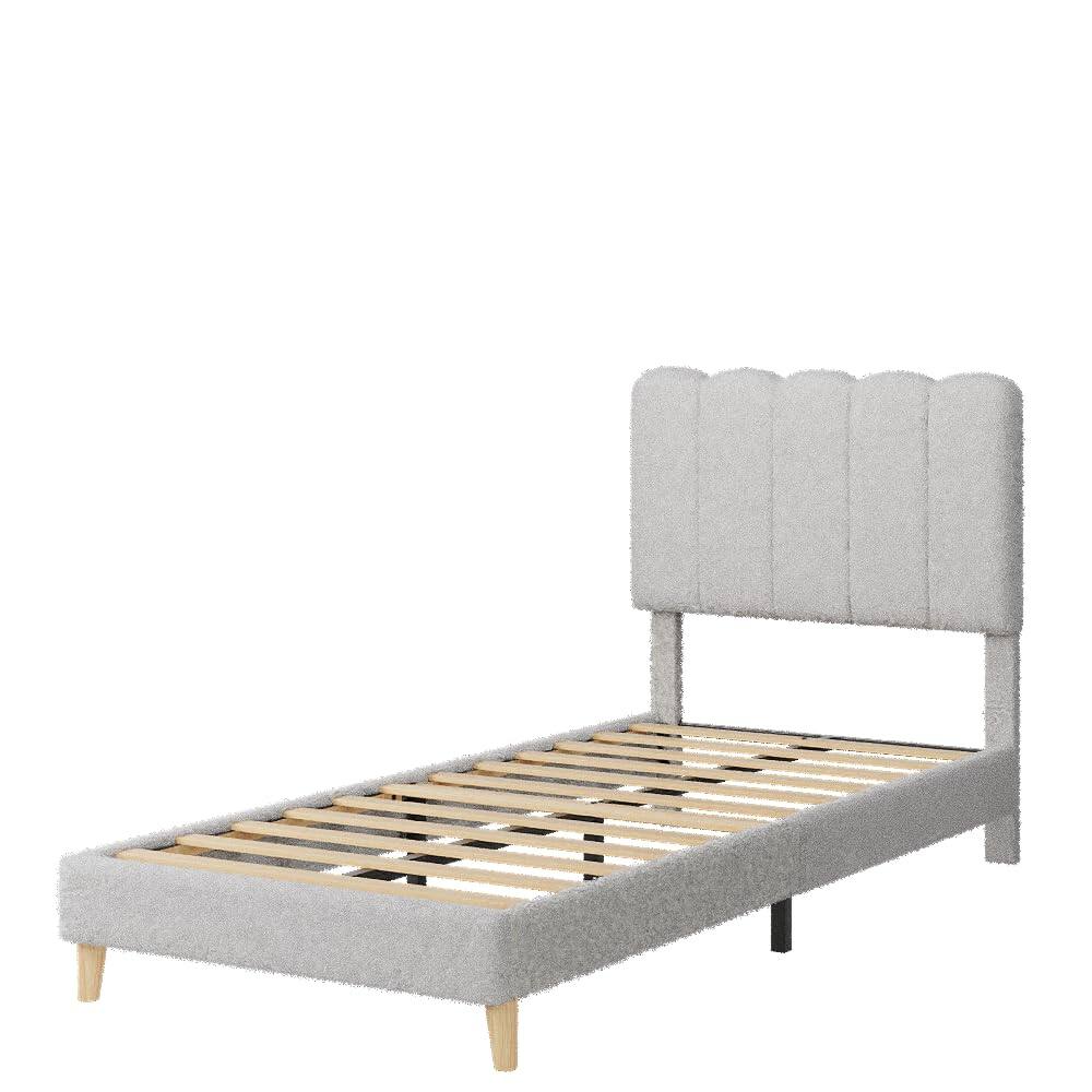 Back. Homhougo - Twin Bed Frame, Boucle Upholstered Platform Bed with Wave Headboard for Girls/Kids, Easy Assembly, Wooden Slats Support - Gray.