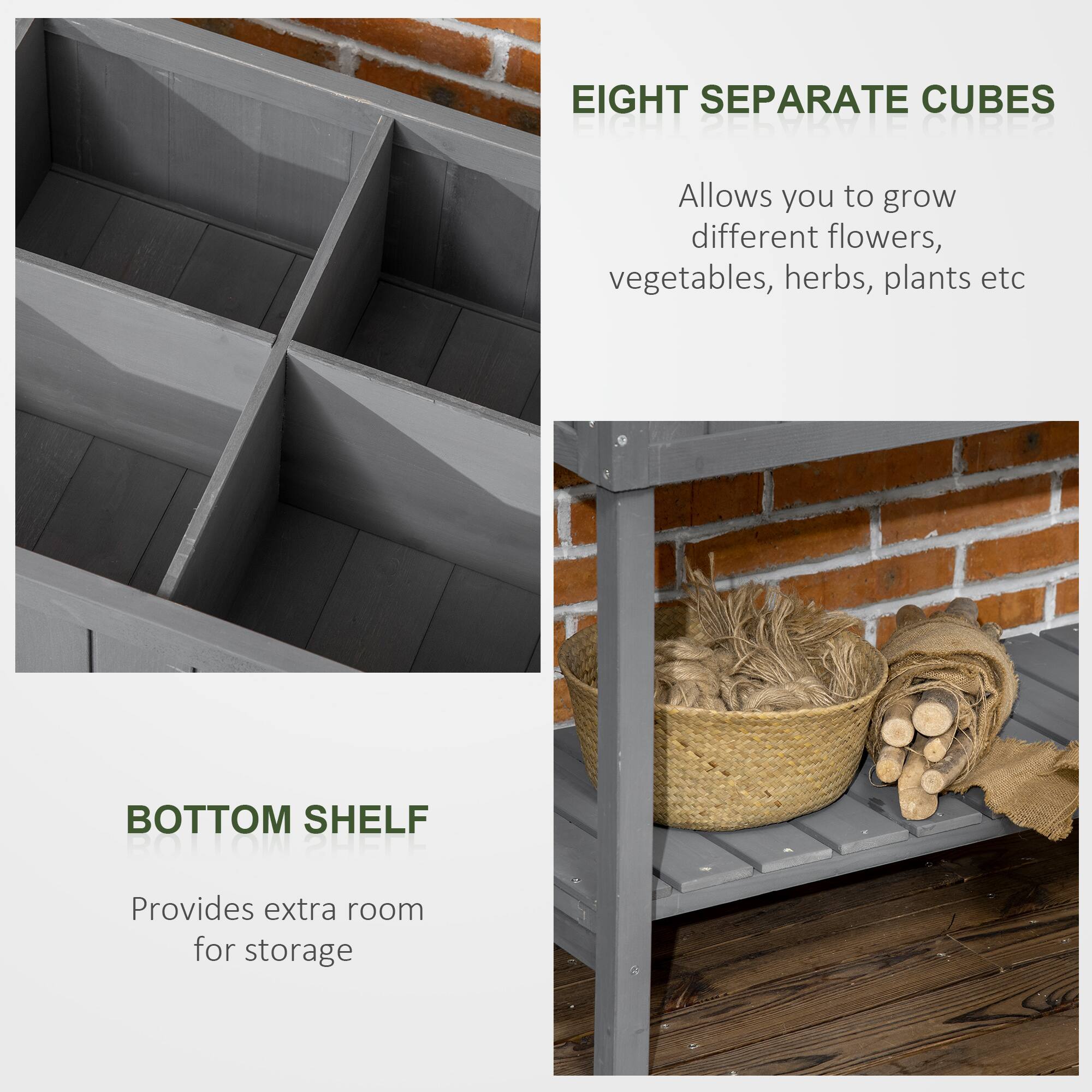 EIGHT SEPARATE CUBES: Allows you to grow different flowers, vegetables, herbs, plants etc.
BOTTOM SHELF: Provides extra room for storage.