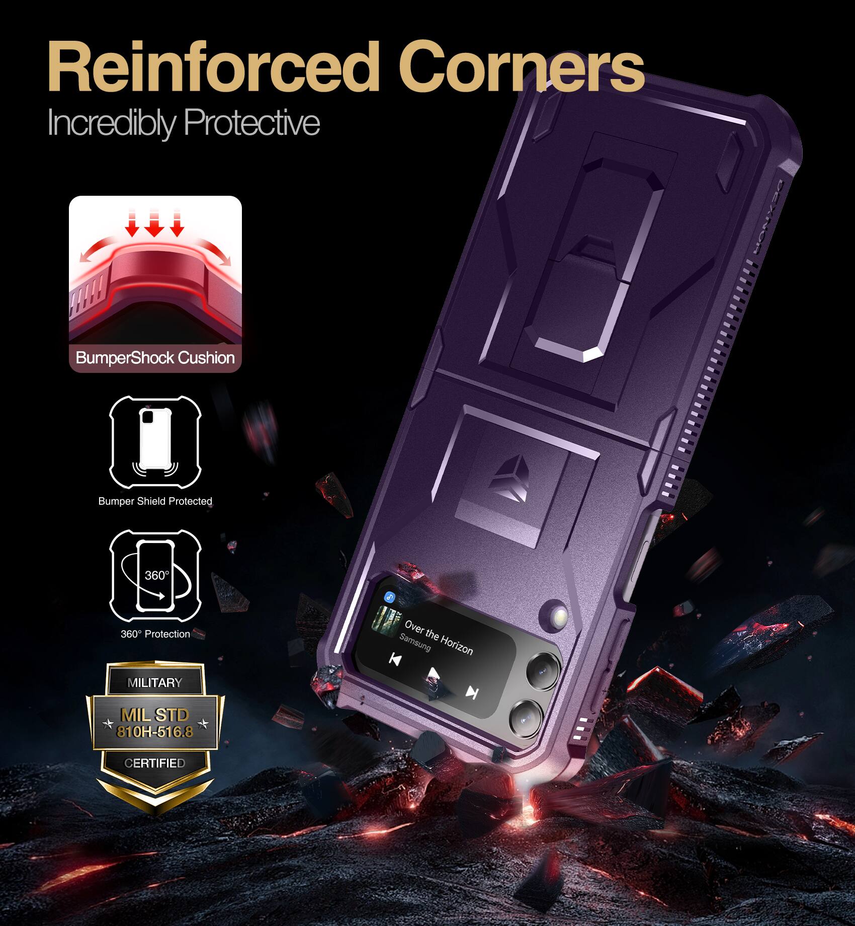 Reinforced Corners  
Incredibly Protective  

DEXNOR BumperShock Cushion  
Bumper Shield Protected  
360° Protection  

MILITARY  
MIL STD 810H-516.8  
CERTIFIED  

Over the Samsung Horizon K