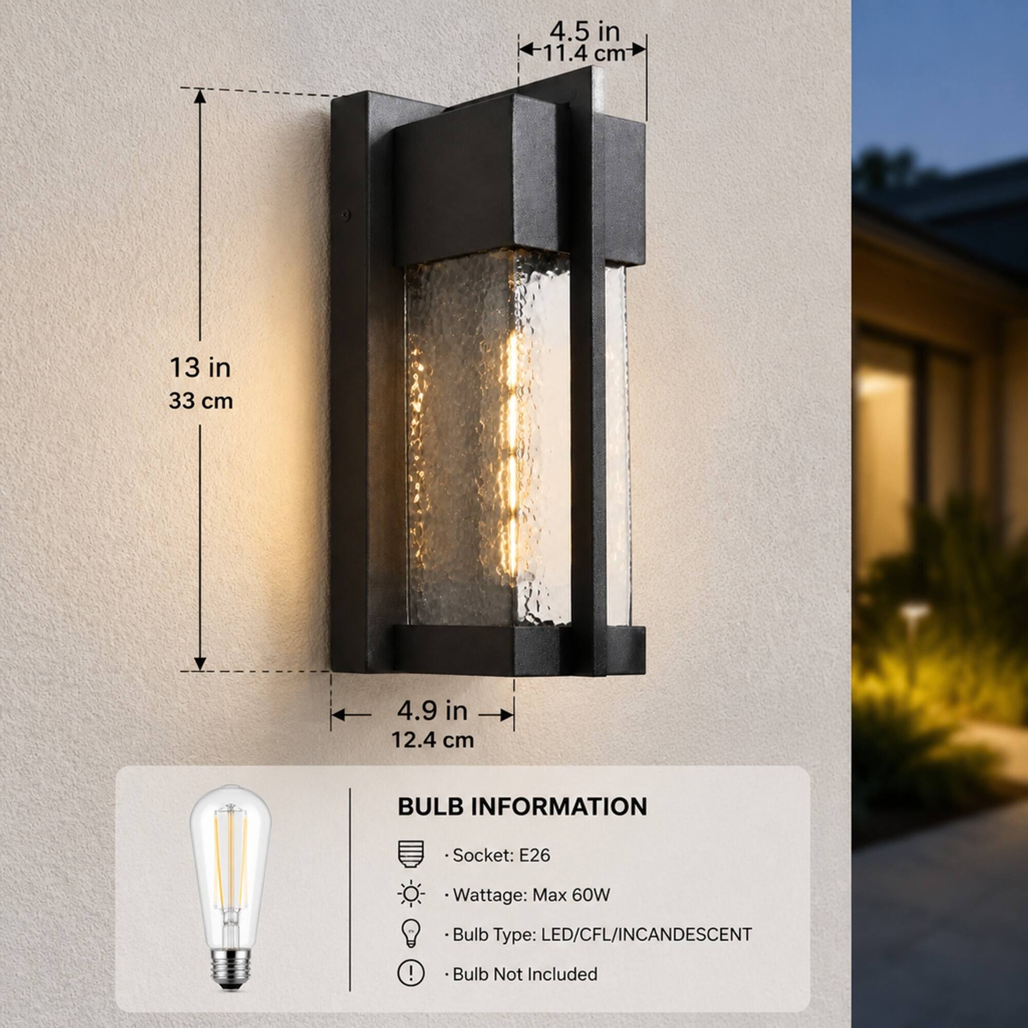 4.5 in 11.4 cm  
13 in 33 cm  
4.9 in 12.4 cm  

BULB INFORMATION  
Socket: E26  
Wattage: Max 60W  
Bulb Type: LED/CFL/INCANDESCENT  
Bulb Not Included