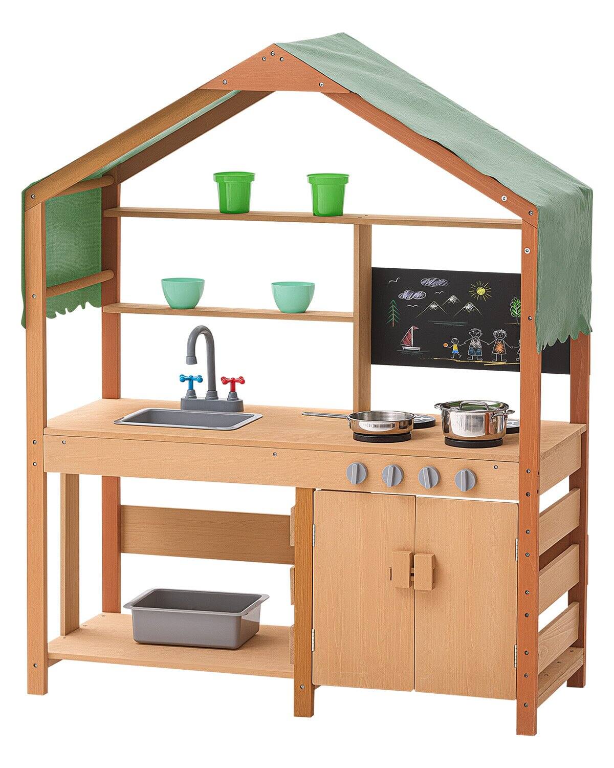 Alt View 5. HONGGE - Kids Outdoor Mud Kitchen Playset with Canopy Sink Storage and Pretend Cooking Features - Natural.