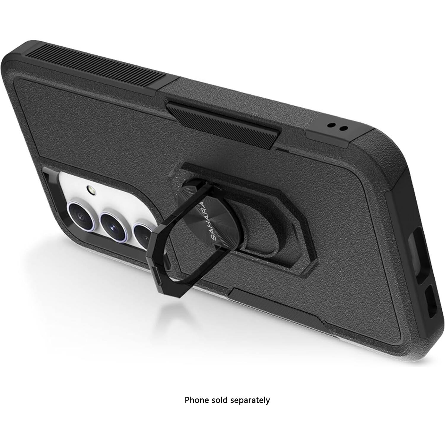 The image shows a phone case with a camera lens attached to it. The case is black and made of plastic. The phone is not visible in the image, but it is implied that it is sold separately.