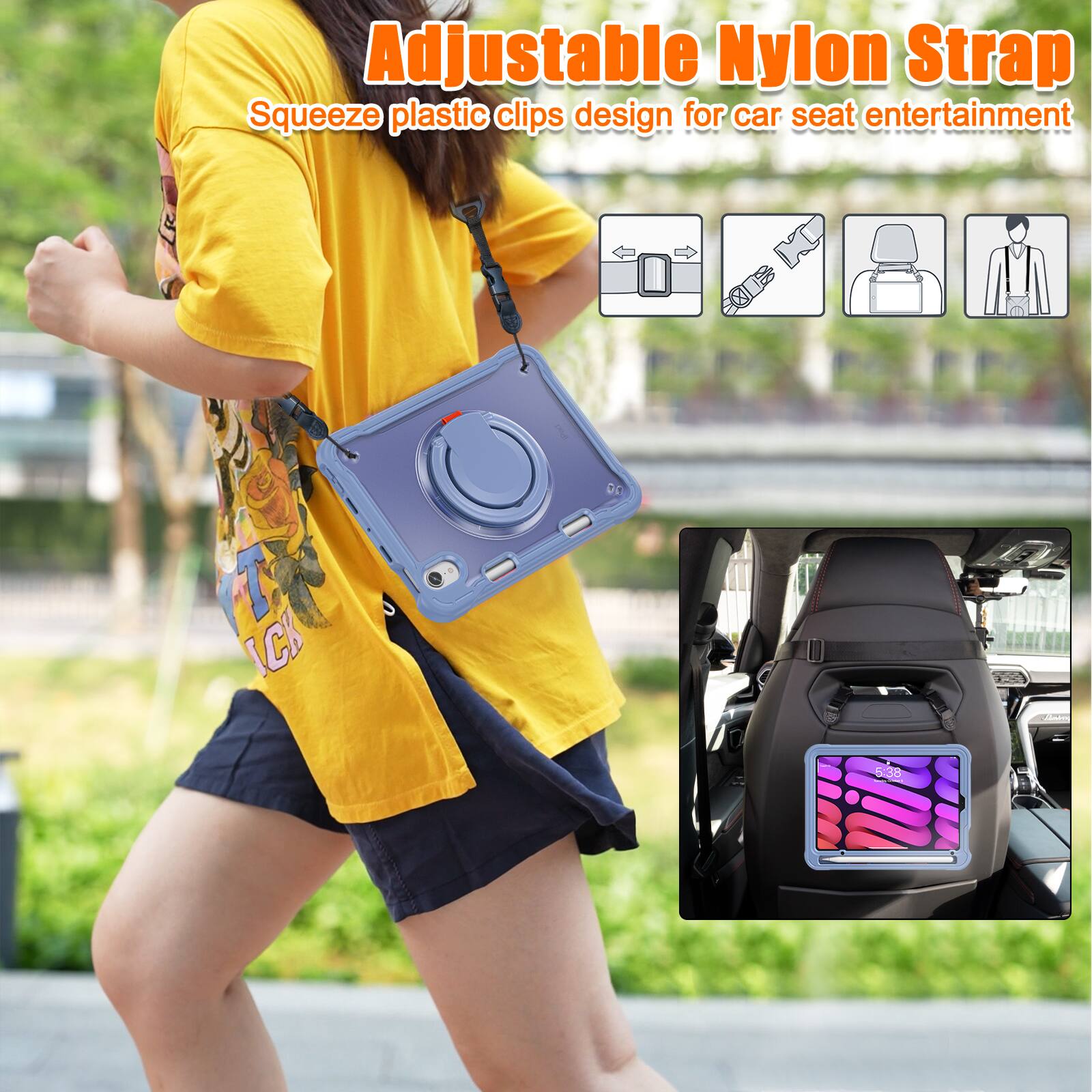 Adjustable Nylon Strap  
Squeeze plastic clips design for car seat entertainment