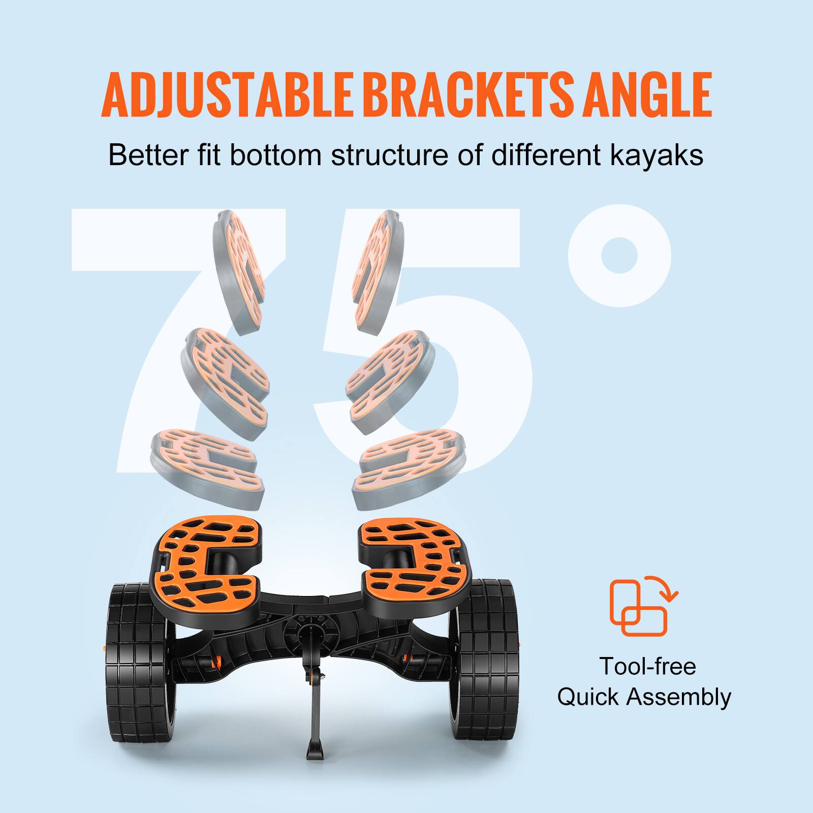 ADJUSTABLE BRACKETS ANGLE  
Better fit bottom structure of different kayaks  

75°  

Tool-free Quick Assembly