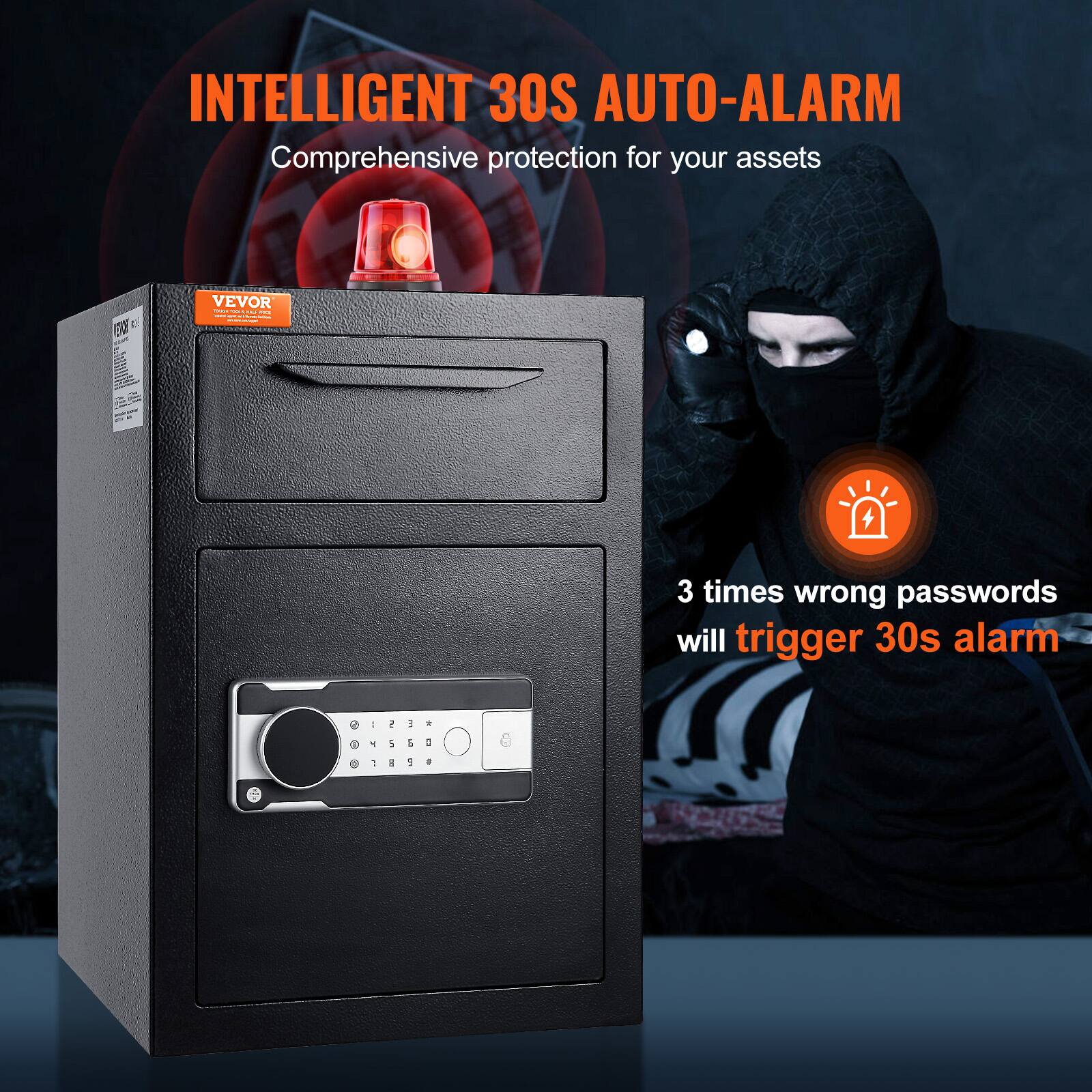 INTELLIGENT 30S AUTO-ALARM  
Comprehensive protection for your assets  

3 times wrong passwords will trigger 30s alarm