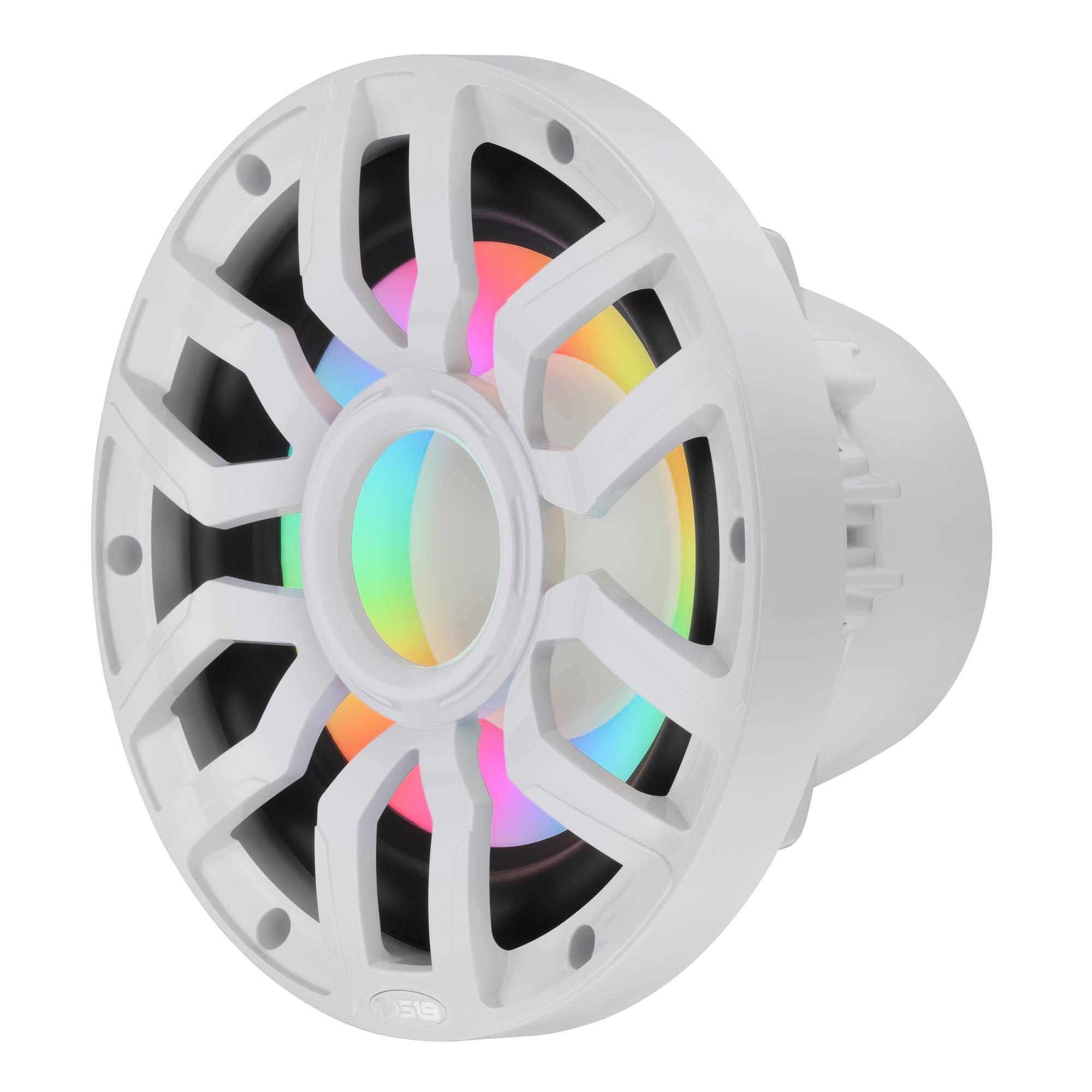 Left. DS18 Audio - NXL-IQ 10" Subwoofer with Digital LED Lights, 500W RMS Single 4-Ohm - White.
