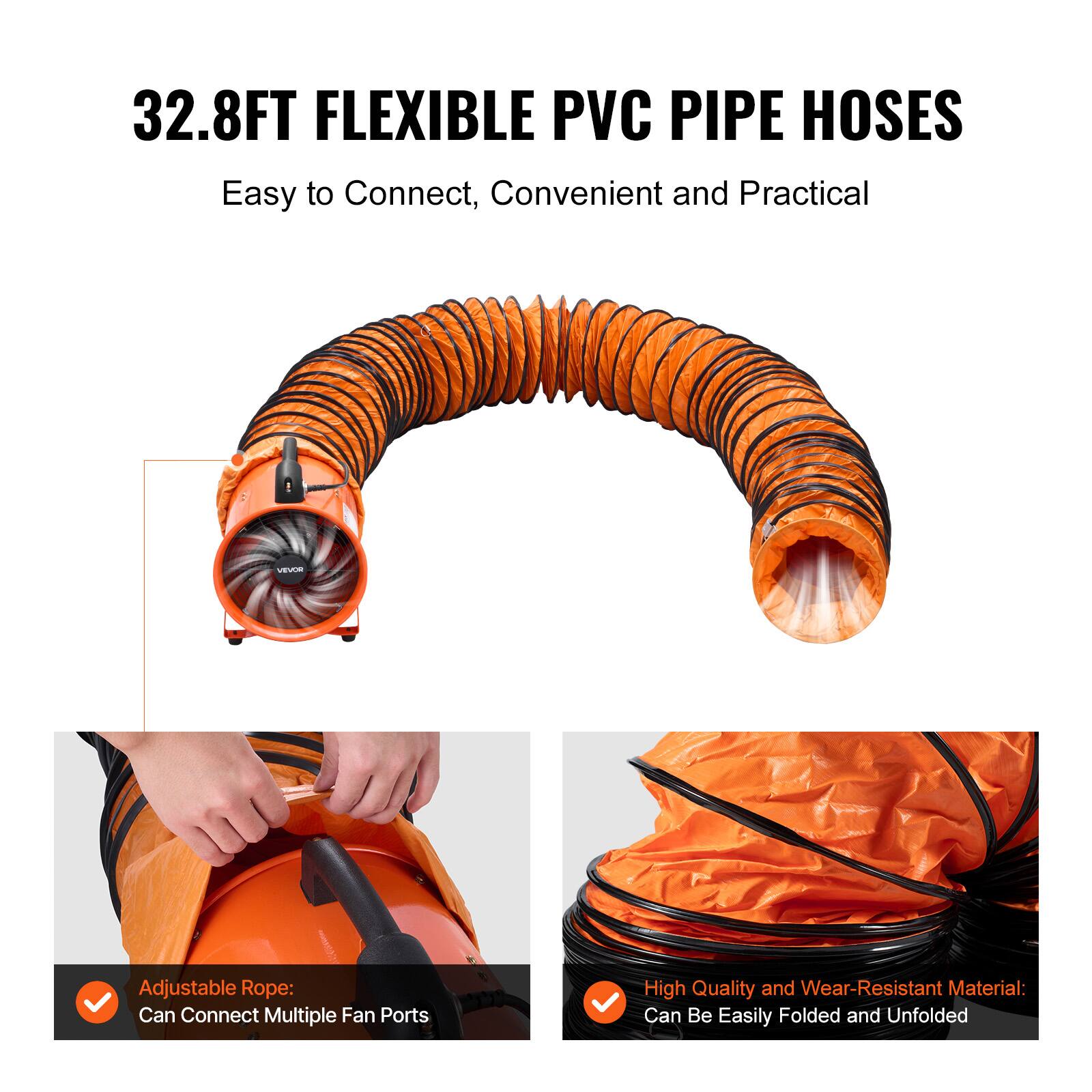 32.8FT FLEXIBLE PVC PIPE HOSES  
Easy to Connect, Convenient and Practical

Adjustable Rope: Can Connect Multiple Fan Ports

High Quality and Wear-Resistant Material: Can Be Easily Folded and Unfolded