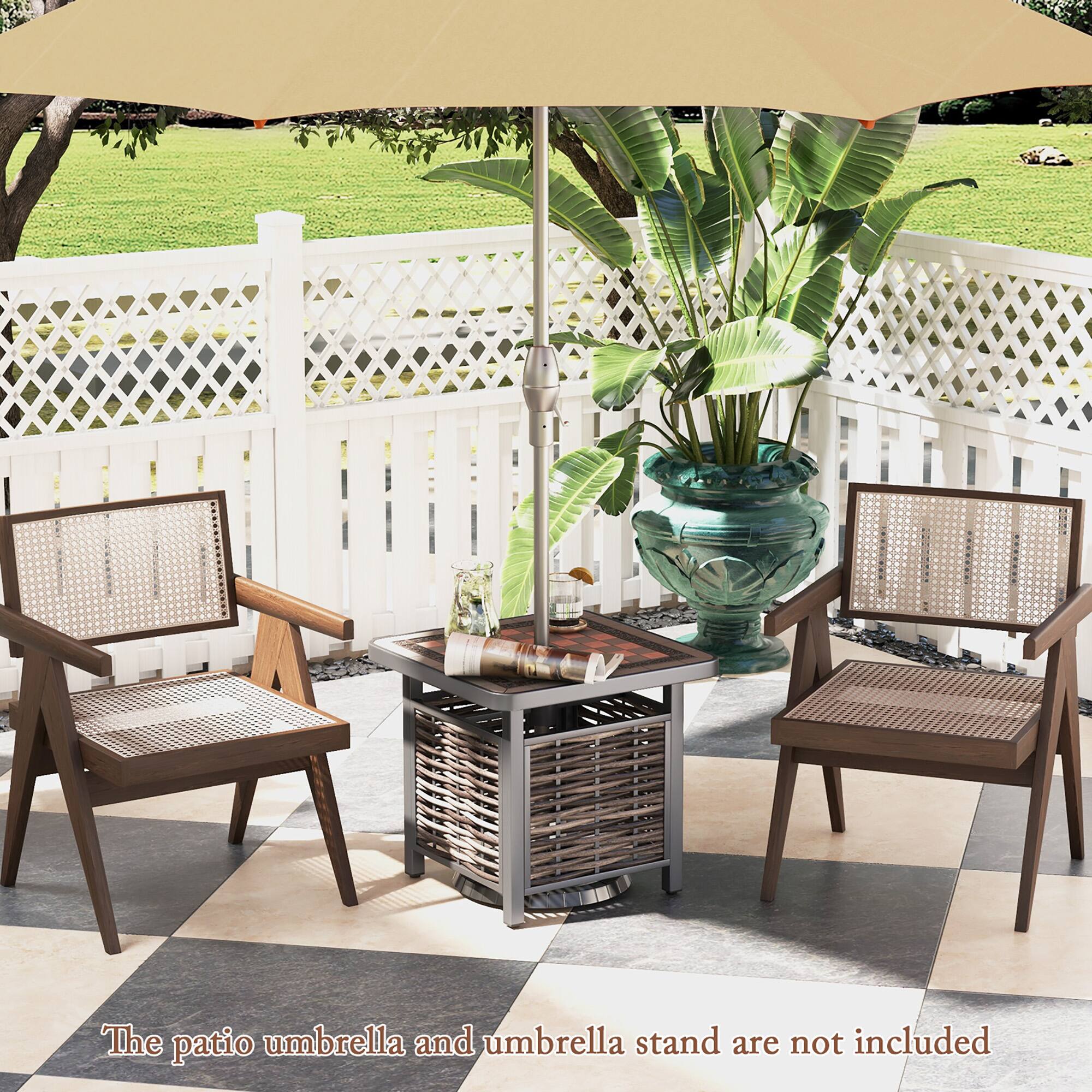 The patio umbrella and umbrella stand are not included.