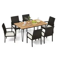 Costway - 7 PCS Patio Dining Set with Acacia Wood Dining Table Rattan Armchairs Soft Cushions - Natural + Black - Front_Zoom