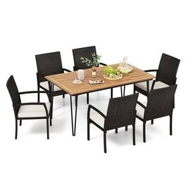 Costway - 7 PCS Patio Dining Set with Acacia Wood Dining Table Rattan Armchairs Soft Cushions - Natural + Black