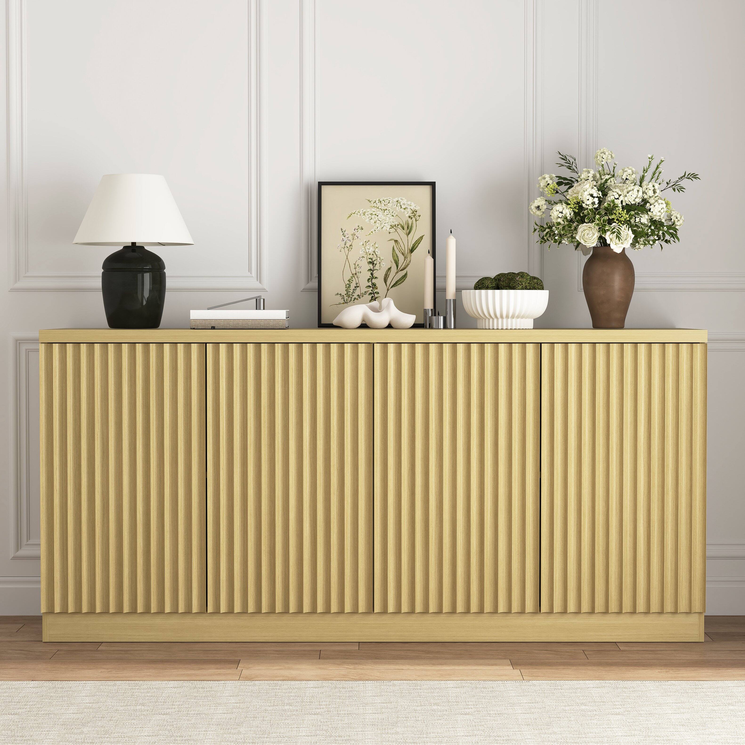 Angle. Z-Edge - Buffet Cabinet with Storage, 62.6" Sideboard Cabinet with 4 Doors & Shelves, Modern Coffee Bar for Kitchen, Living Room - Natural.