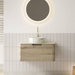 Boyel Living - 30 Bathroom Vanity with Ceramic Basin Stone Pattern Travertine Pattern Sintered Stone Top White Oak - White,White Oak
