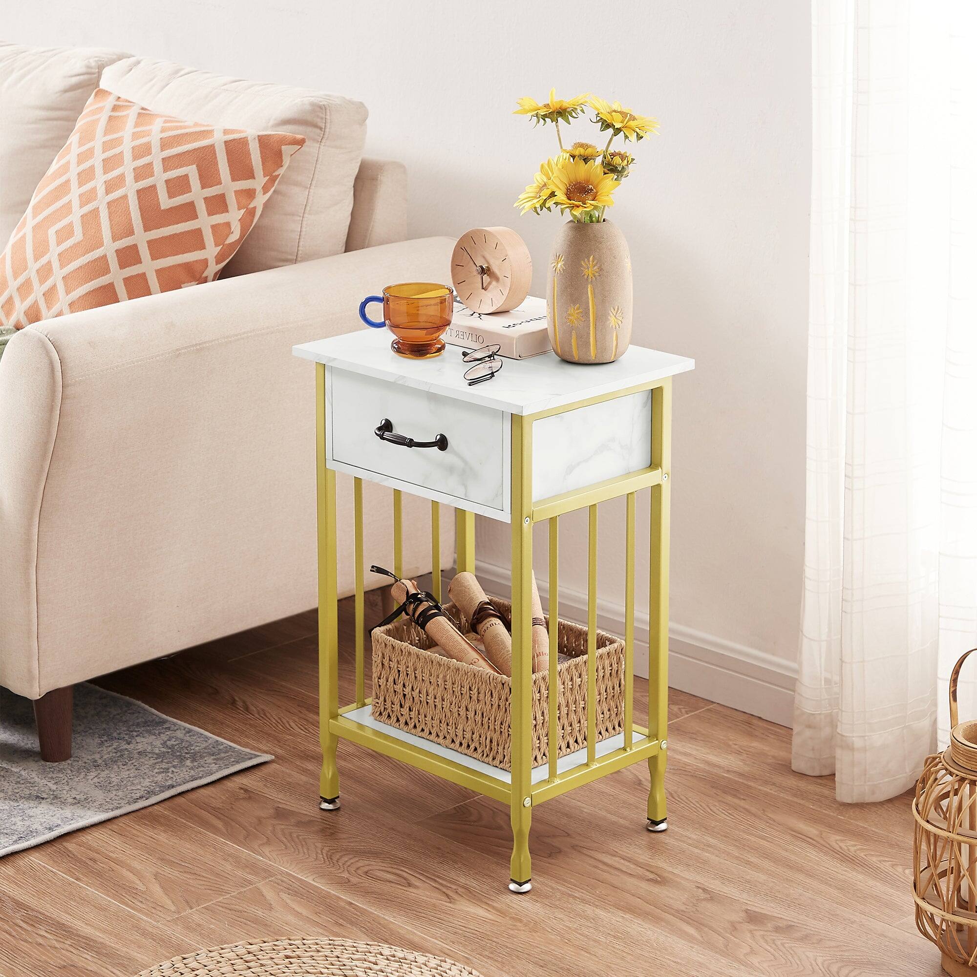 Left. Vecelo - Industrial Nightstand - Bedside Table with Drawer, Compact End Table with Adjustable Feet, Metal Frame Nightstand - Glod.