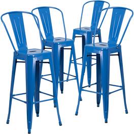 Emma + Oliver - Commercial Grade 4 Pack 30" High Metal Indoor-Outdoor Barstool with Back - Blue