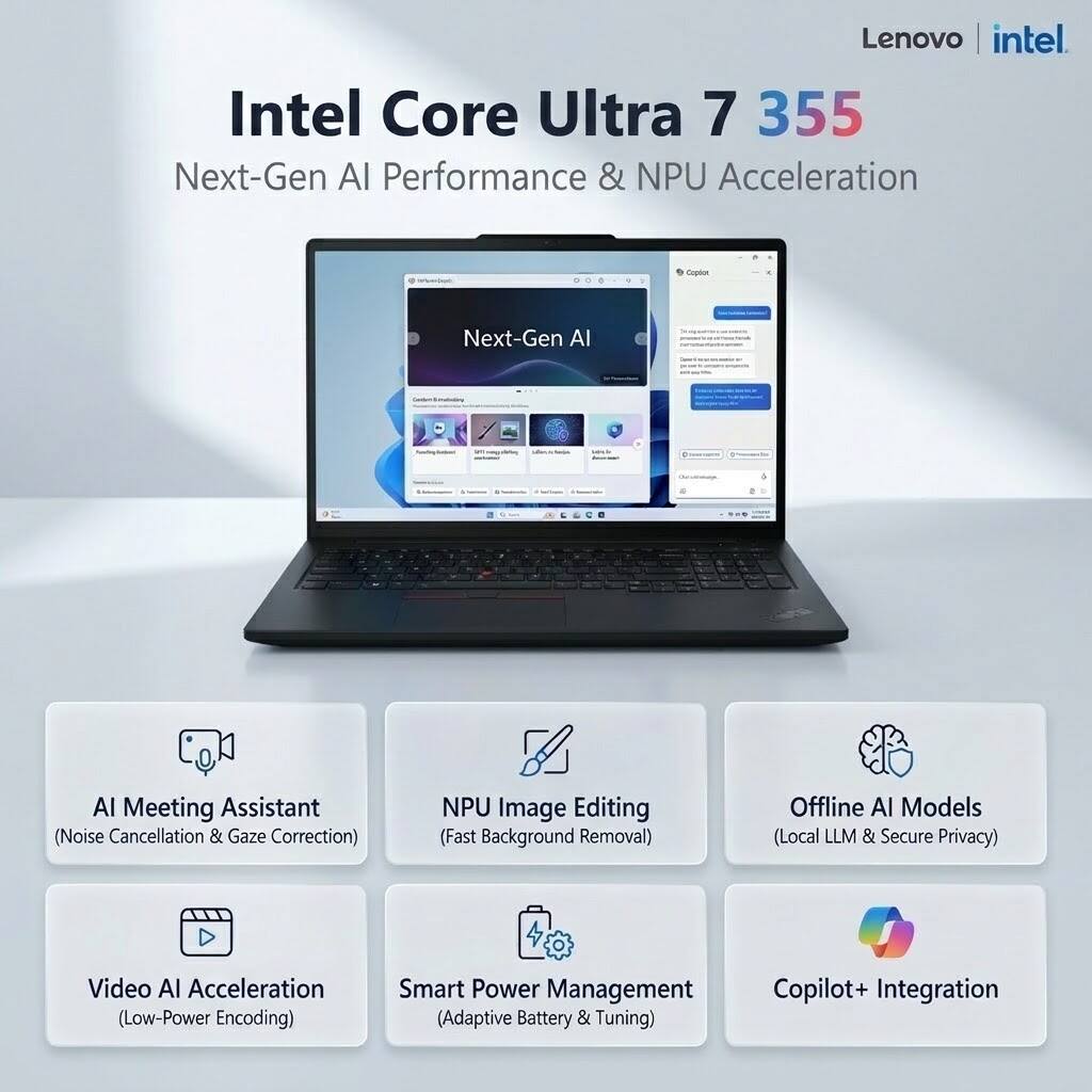 Lenovo Intel Core Ultra 7 355 Next-Gen AI Performance & NPU Acceleration

AI Meeting Assistant (Noise Cancellation & Gaze Correction)
NPU Image Editing (Fast Background Removal)
Offline AI Models (Local LLM & Secure Privacy)
Video AI Acceleration (Low-Power Encoding)
Smart Power Management (Adaptive Battery & Tuning)
Copilot+ Integration