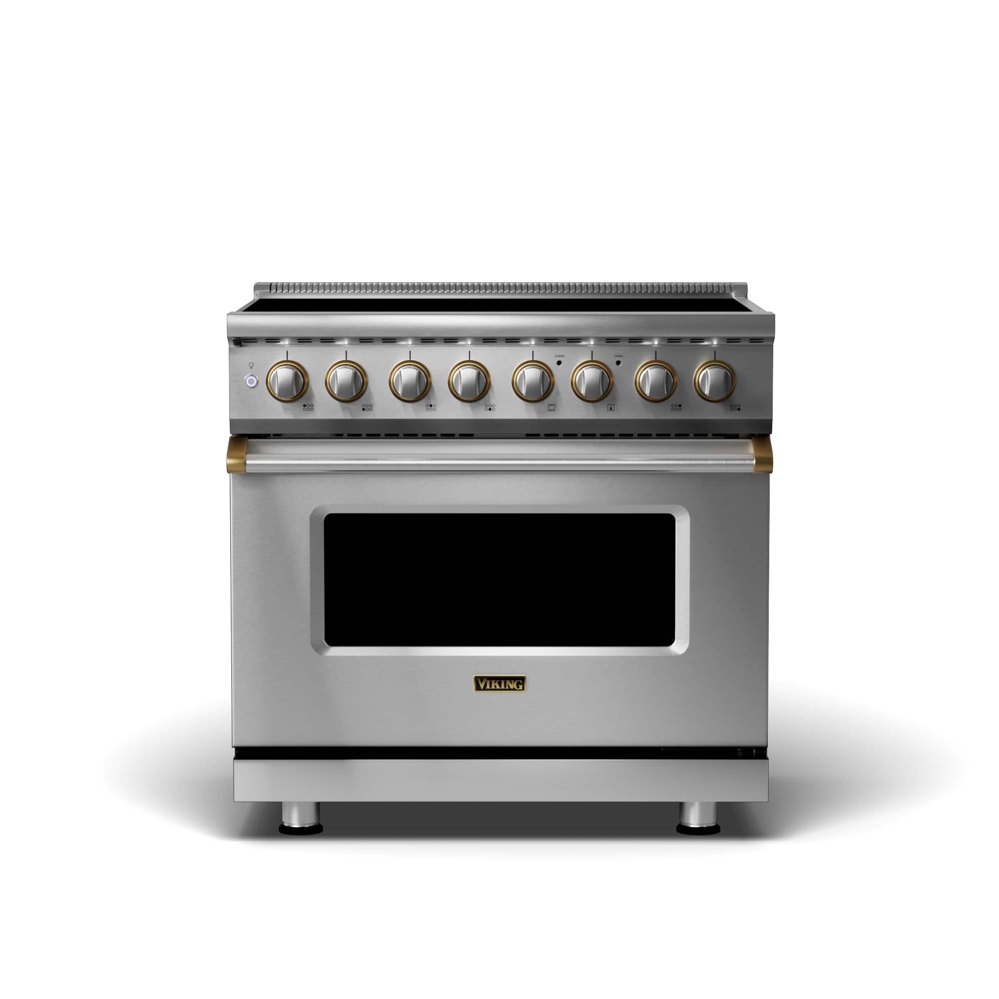 Front. Viking - 5 Series 36" Wide 5.6 Cubic Foot Freestanding Electric Induction Range - Stainless with Brushed Brass Accents.