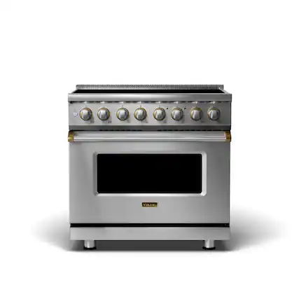 Front. Viking - 5 Series 36" Wide 5.6 Cubic Foot Freestanding Electric Induction Range - Stainless with Brushed Brass Accents.